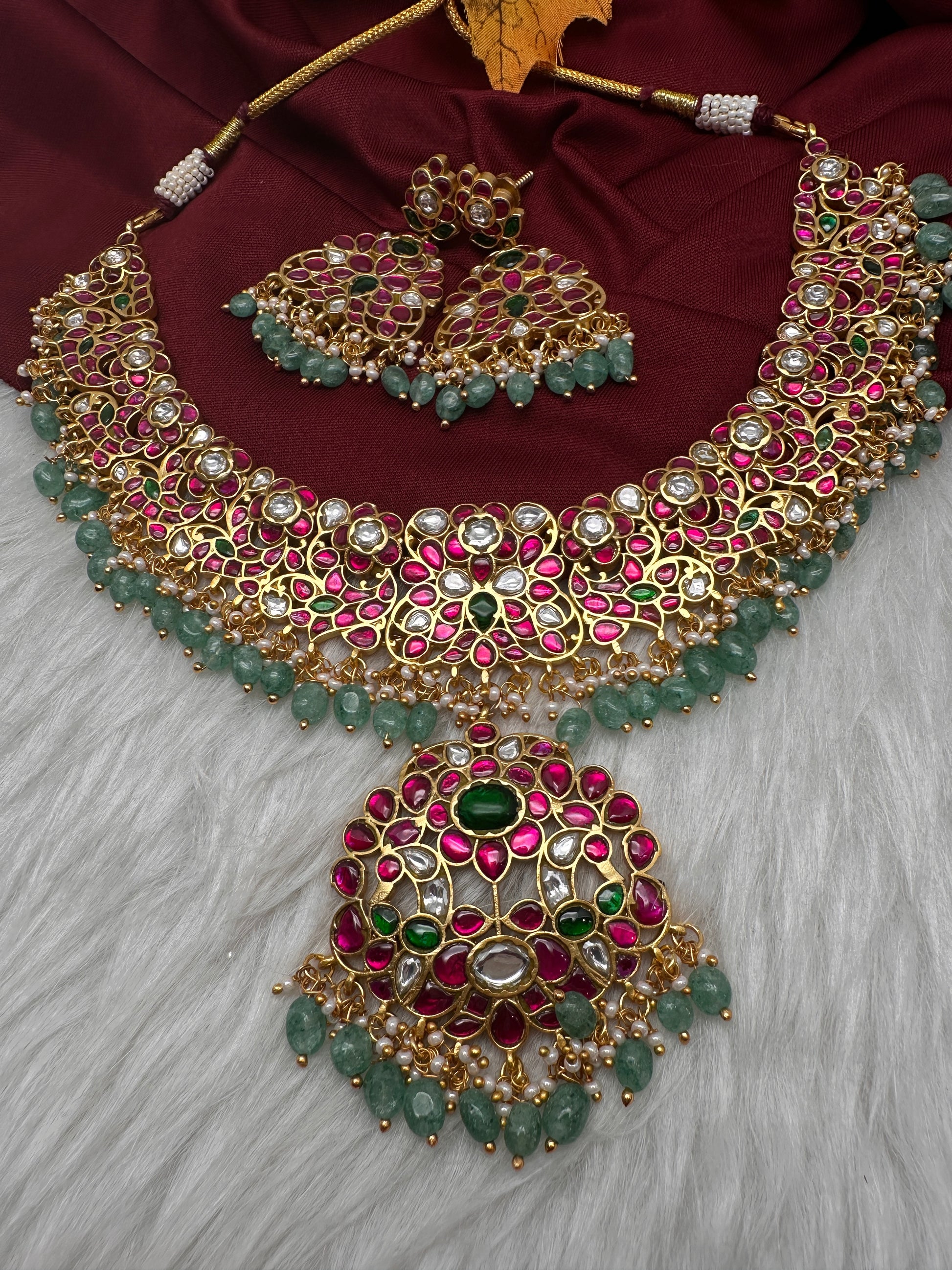 Jadau Kundan Neckline Necklace with Earrings - 