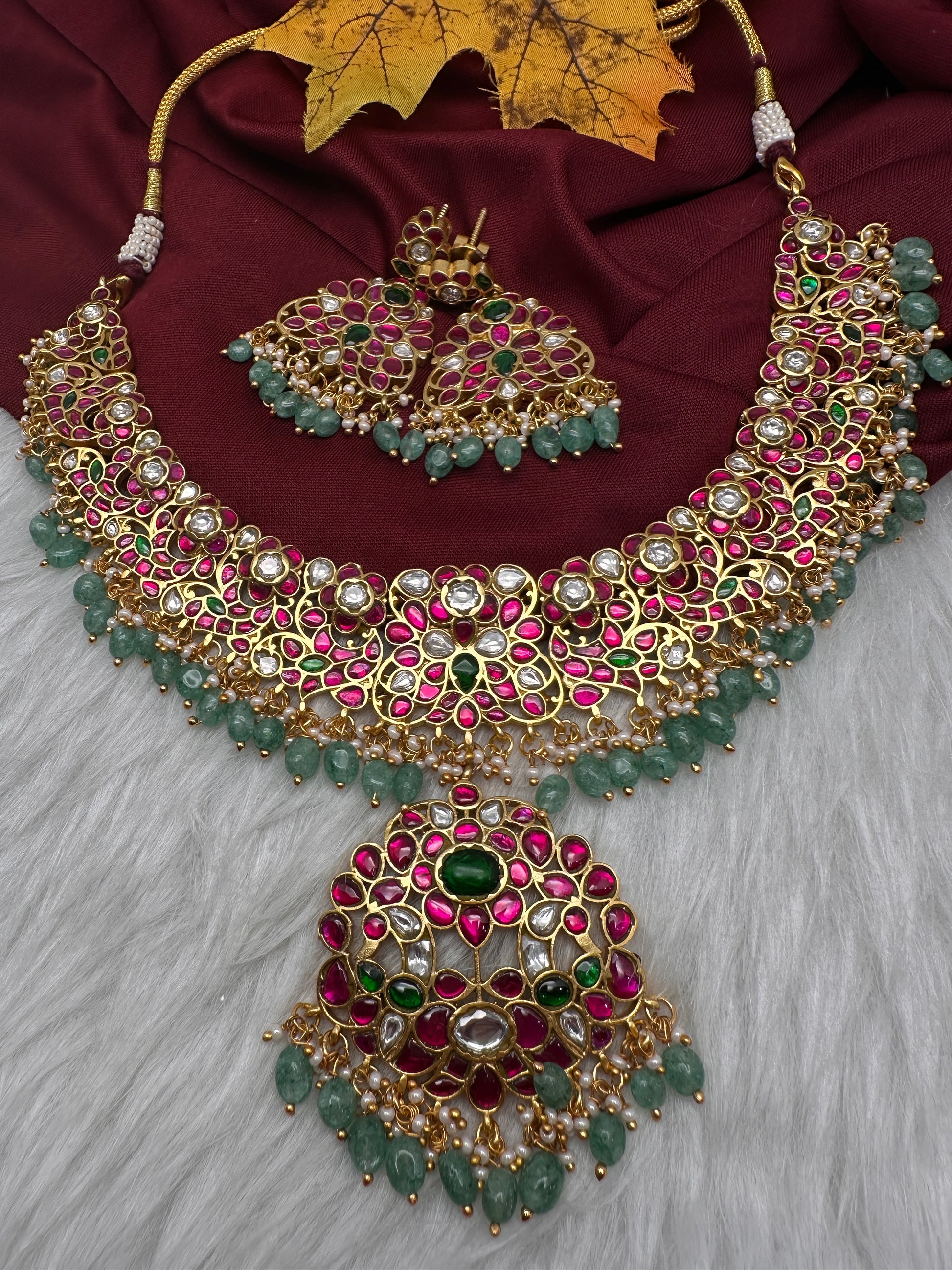 Jadau Kundan Neckline Necklace with Earrings - 