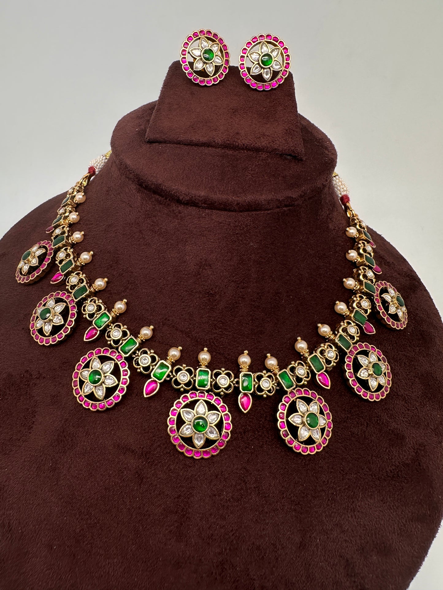 Jadau Kundan Neckline Bottu Necklace with Stud Earrings - 