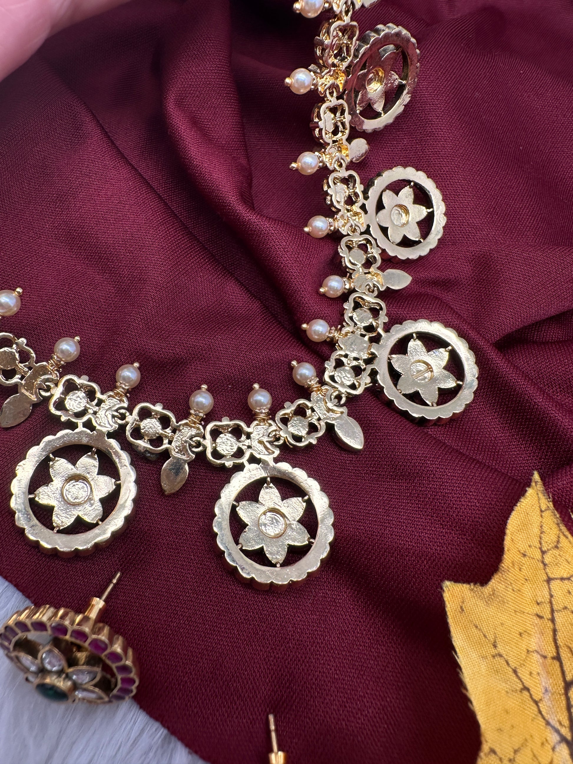 Jadau Kundan Neckline Bottu Necklace with Stud Earrings - 
