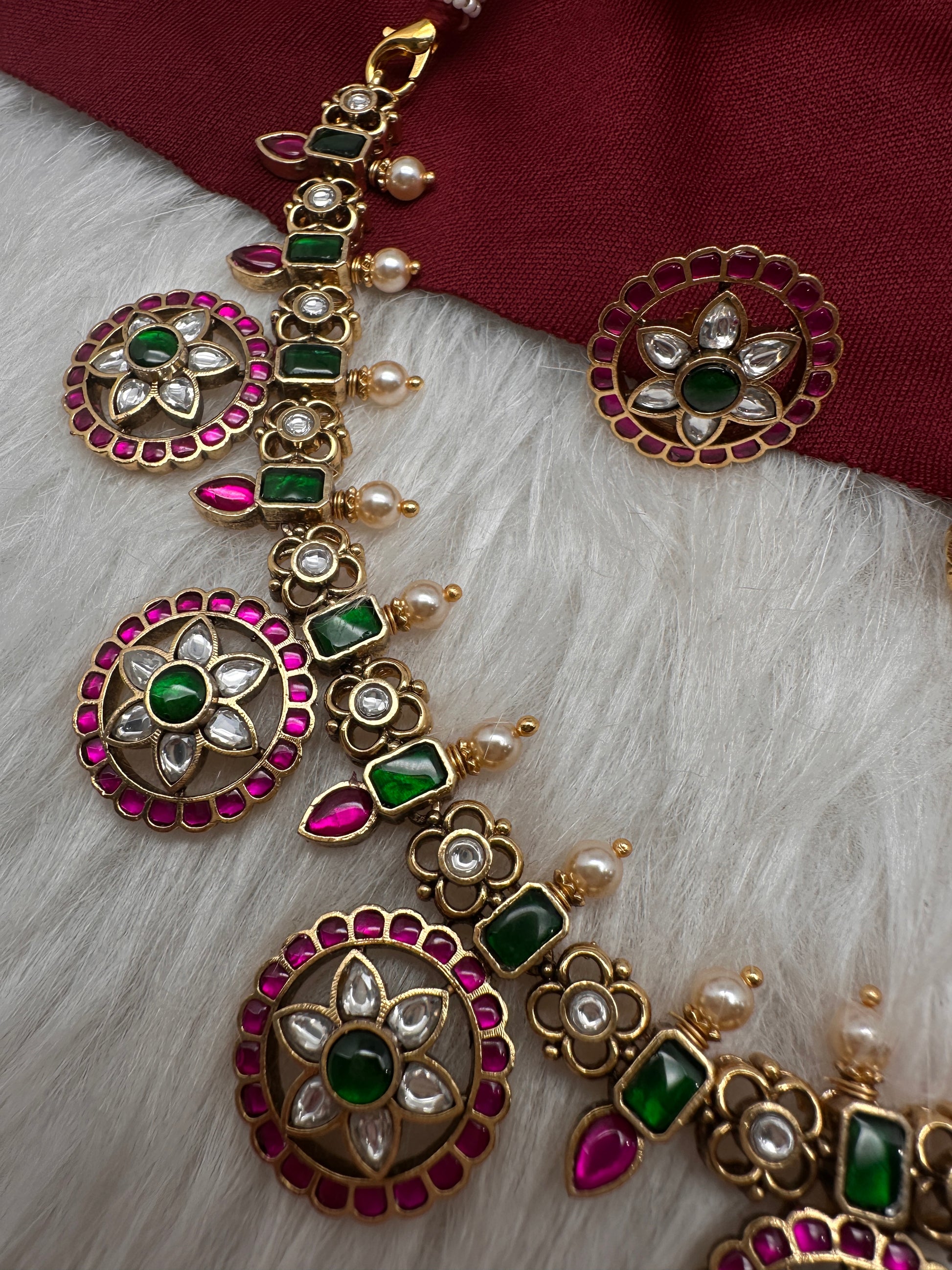 Jadau Kundan Neckline Bottu Necklace with Stud Earrings - 