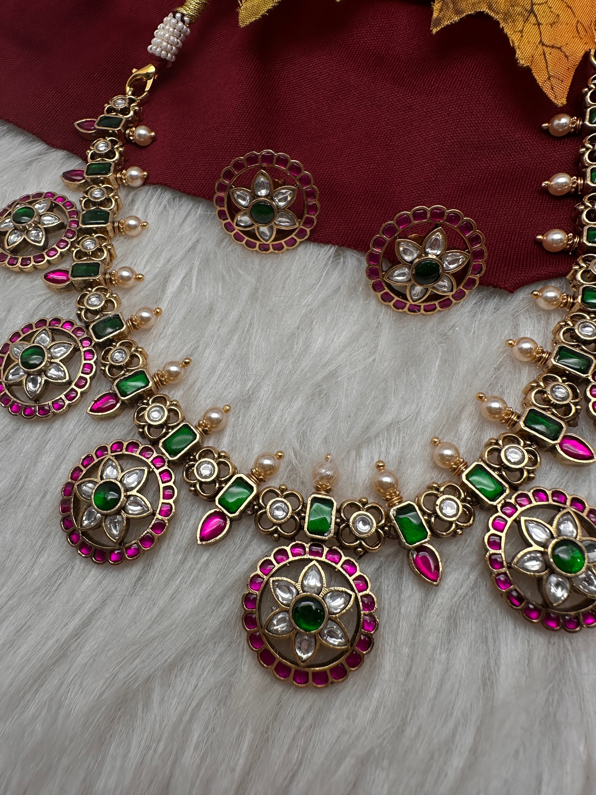 Jadau Kundan Neckline Bottu Necklace with Stud Earrings - 