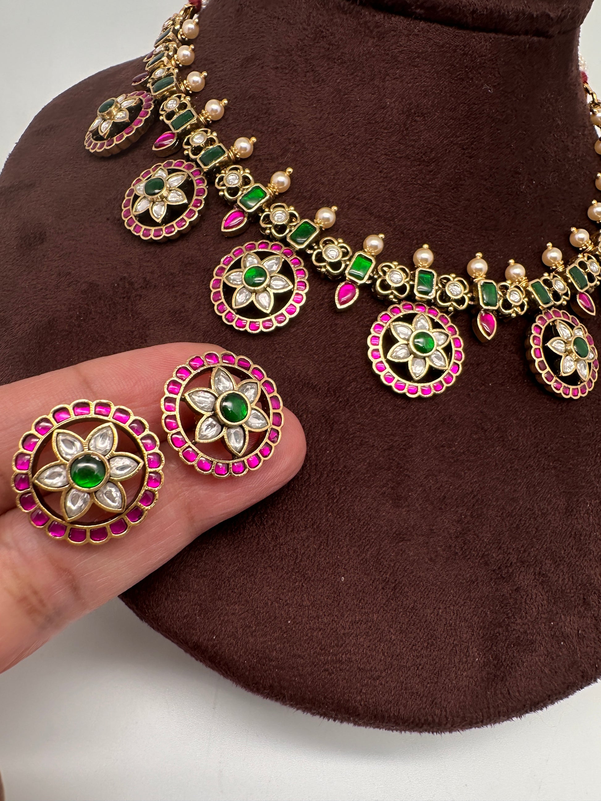 Jadau Kundan Neckline Bottu Necklace with Stud Earrings - 