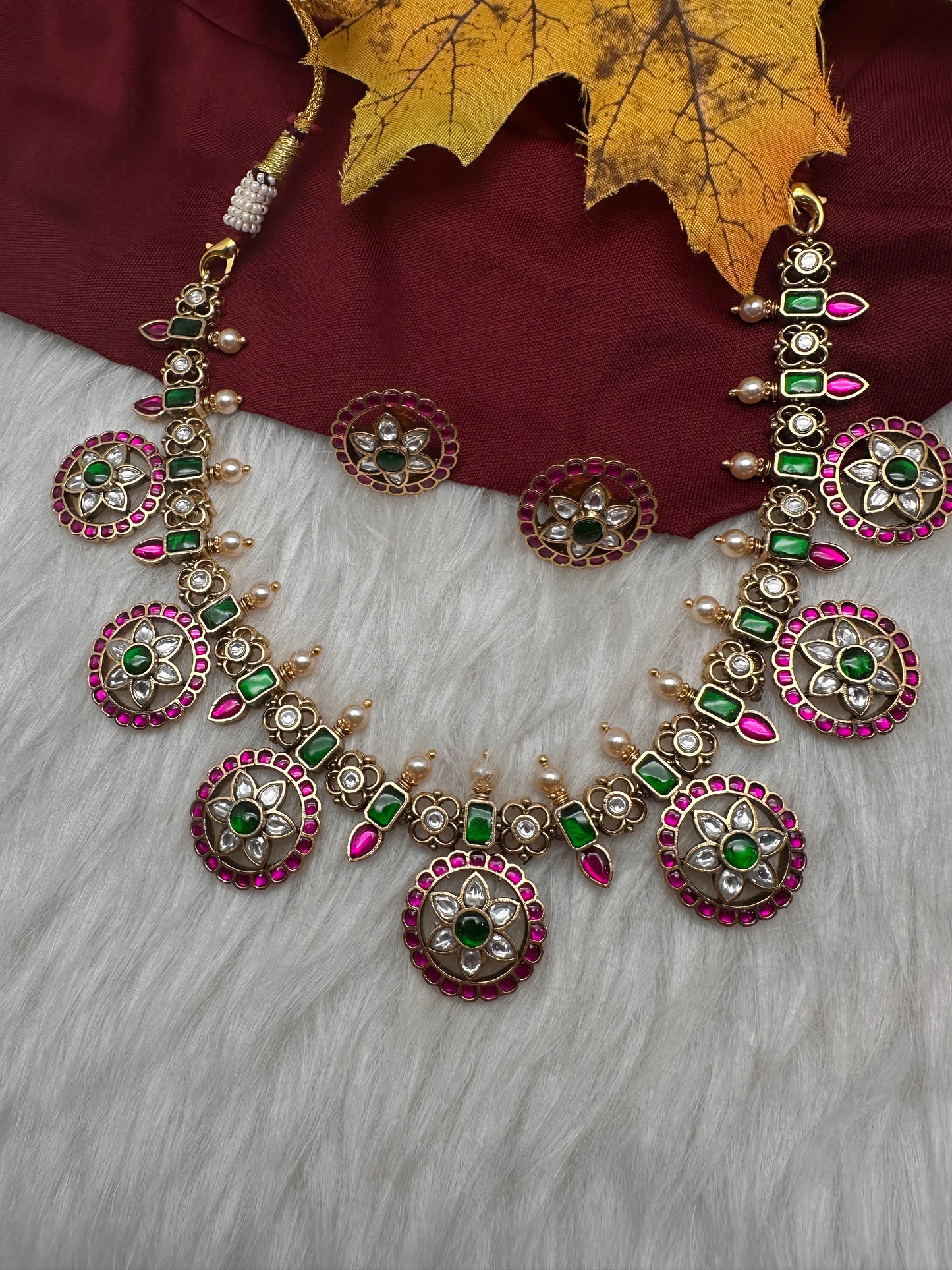Jadau Kundan Neckline Bottu Necklace with Stud Earrings - 