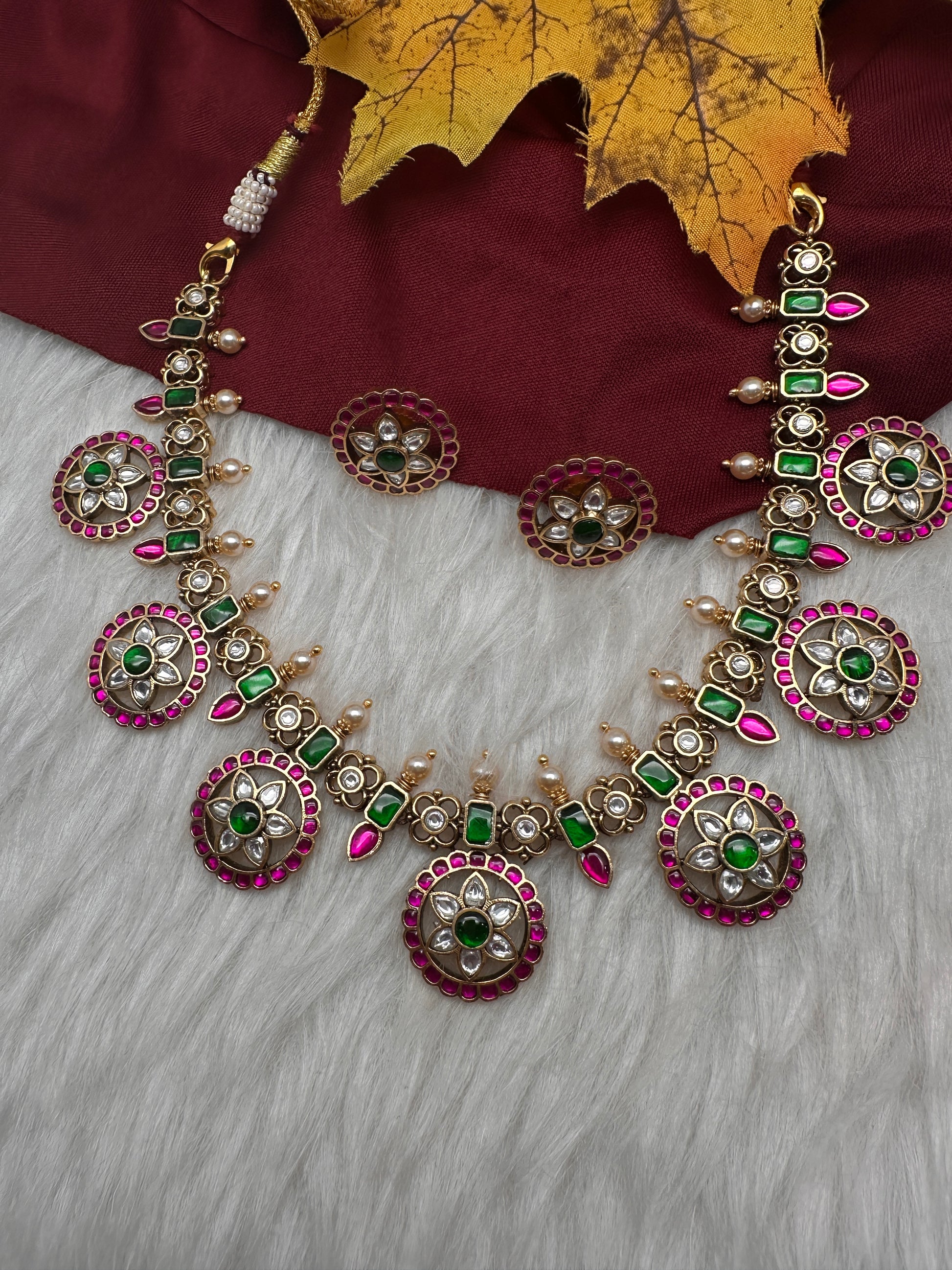 Jadau Kundan Neckline Bottu Necklace with Stud Earrings - 