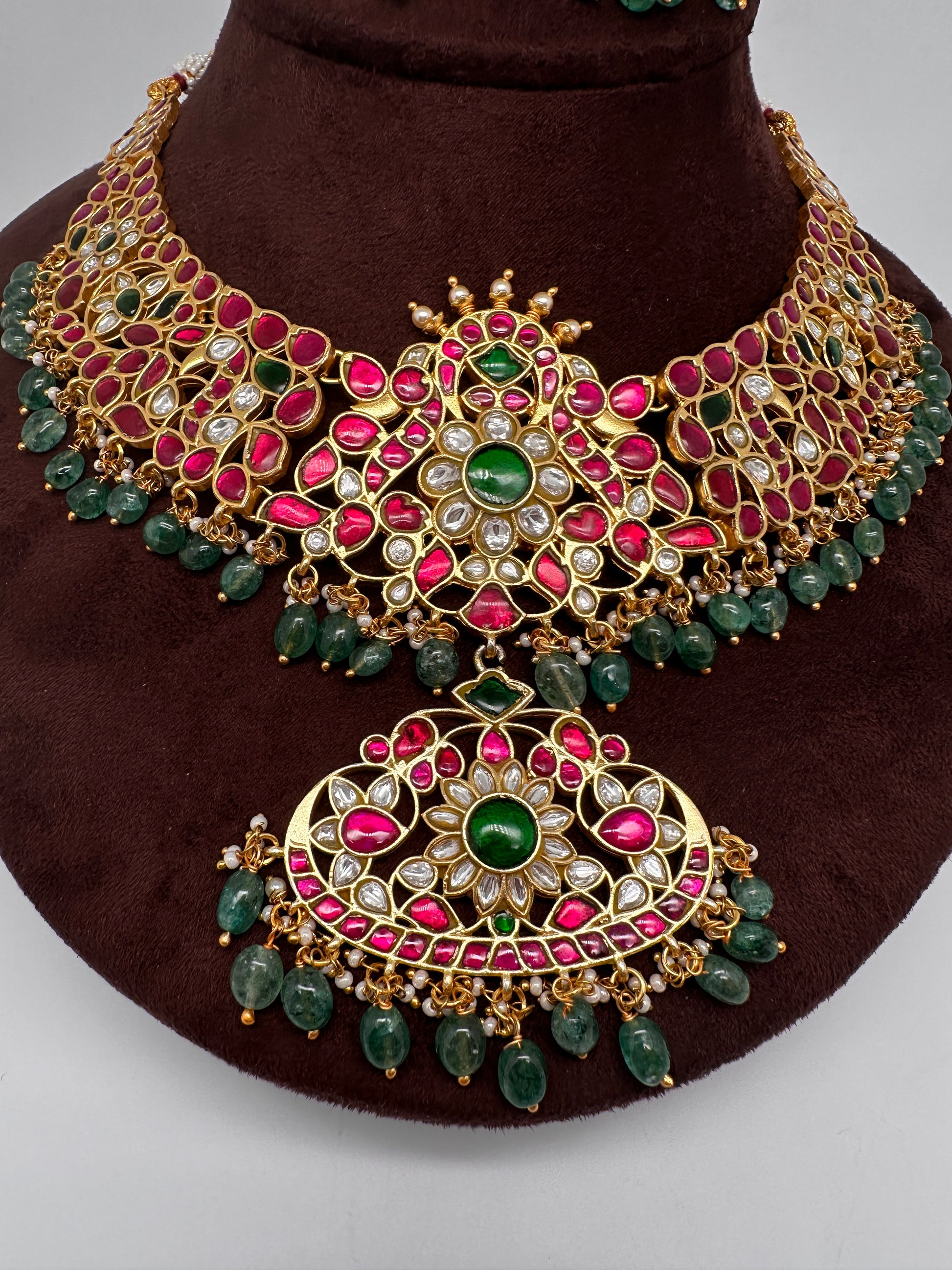 Jadau Kundan Neckline Necklace with Earrings - 