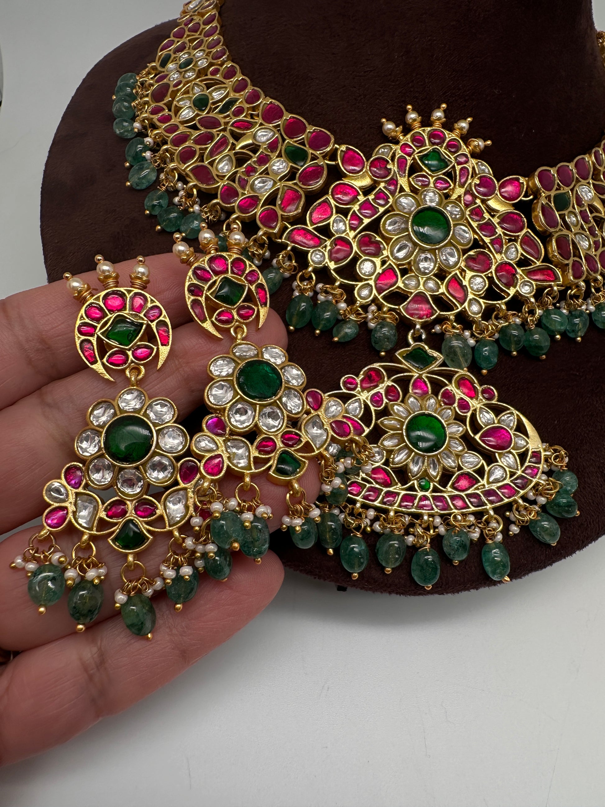 Jadau Kundan Neckline Necklace with Earrings - 