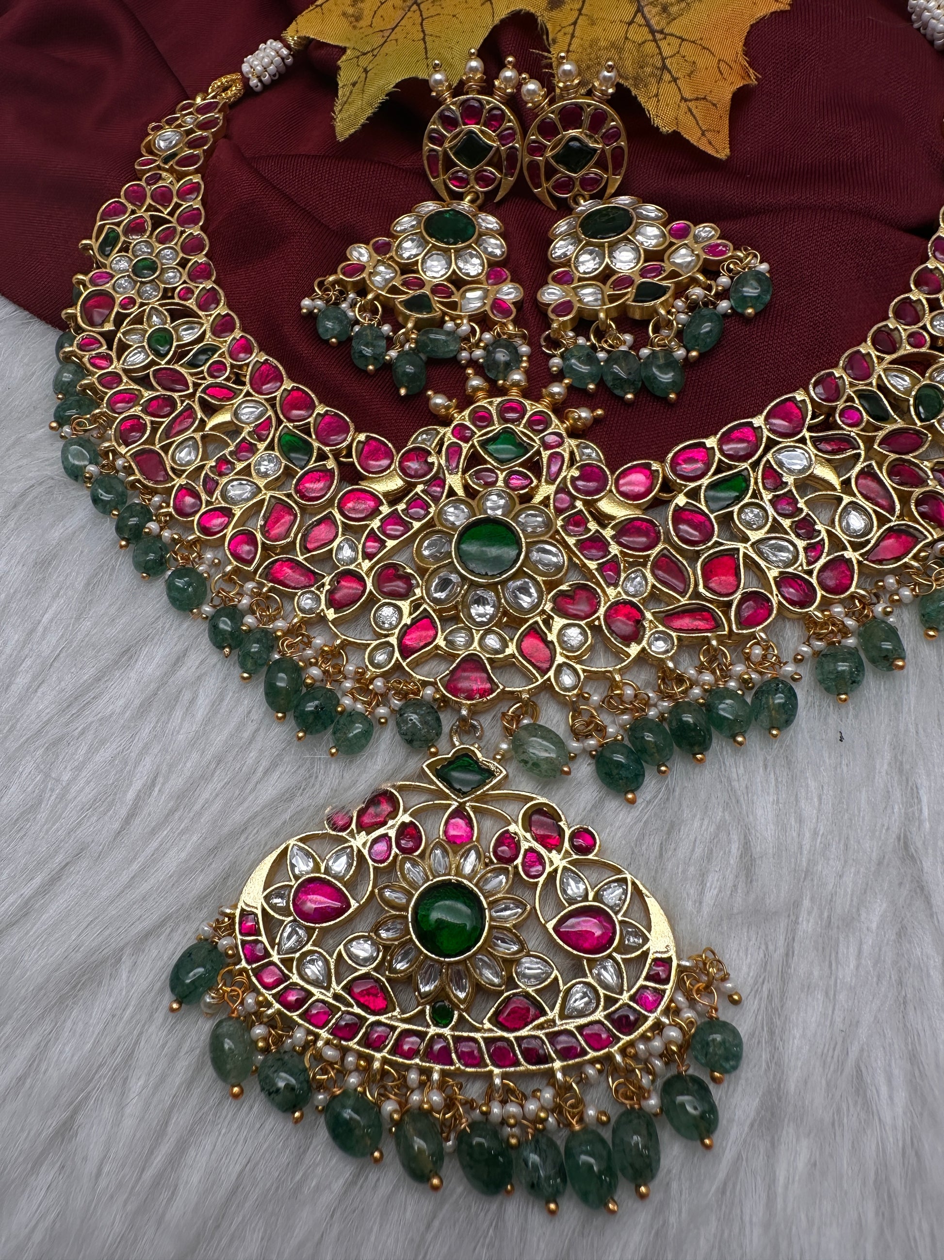 Jadau Kundan Neckline Necklace with Earrings - 