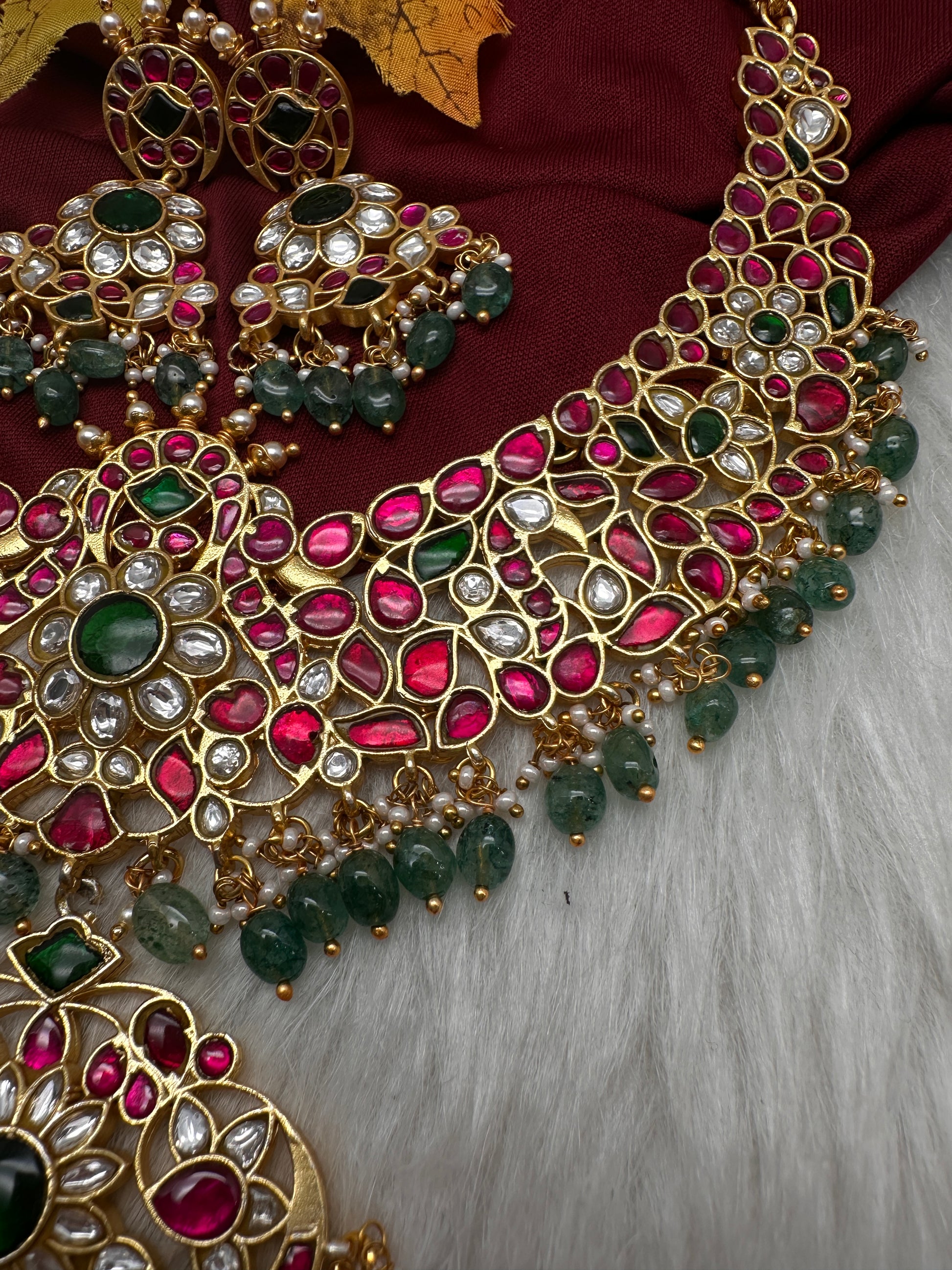 Jadau Kundan Neckline Necklace with Earrings - 