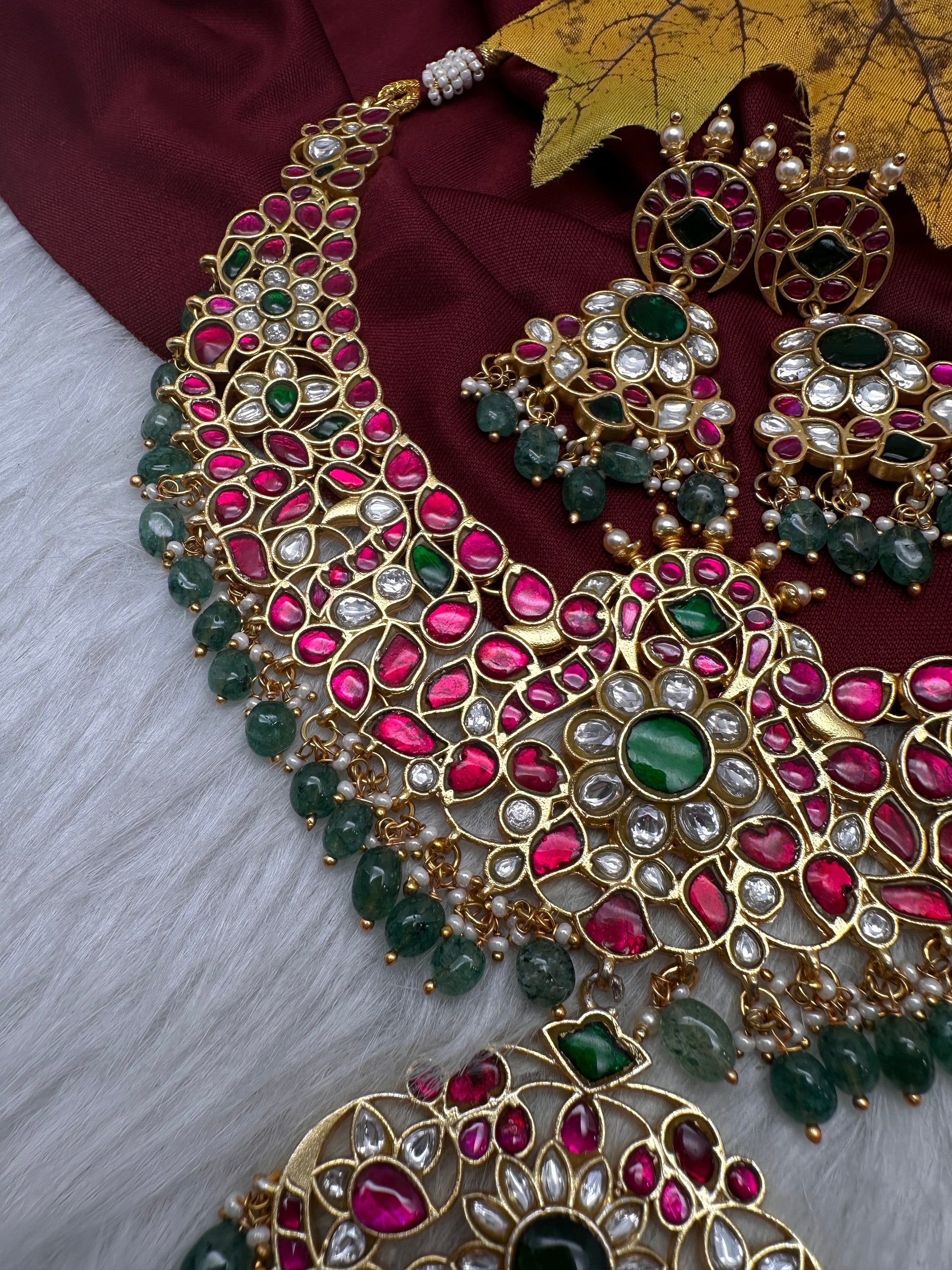 Jadau Kundan Neckline Necklace with Earrings - 