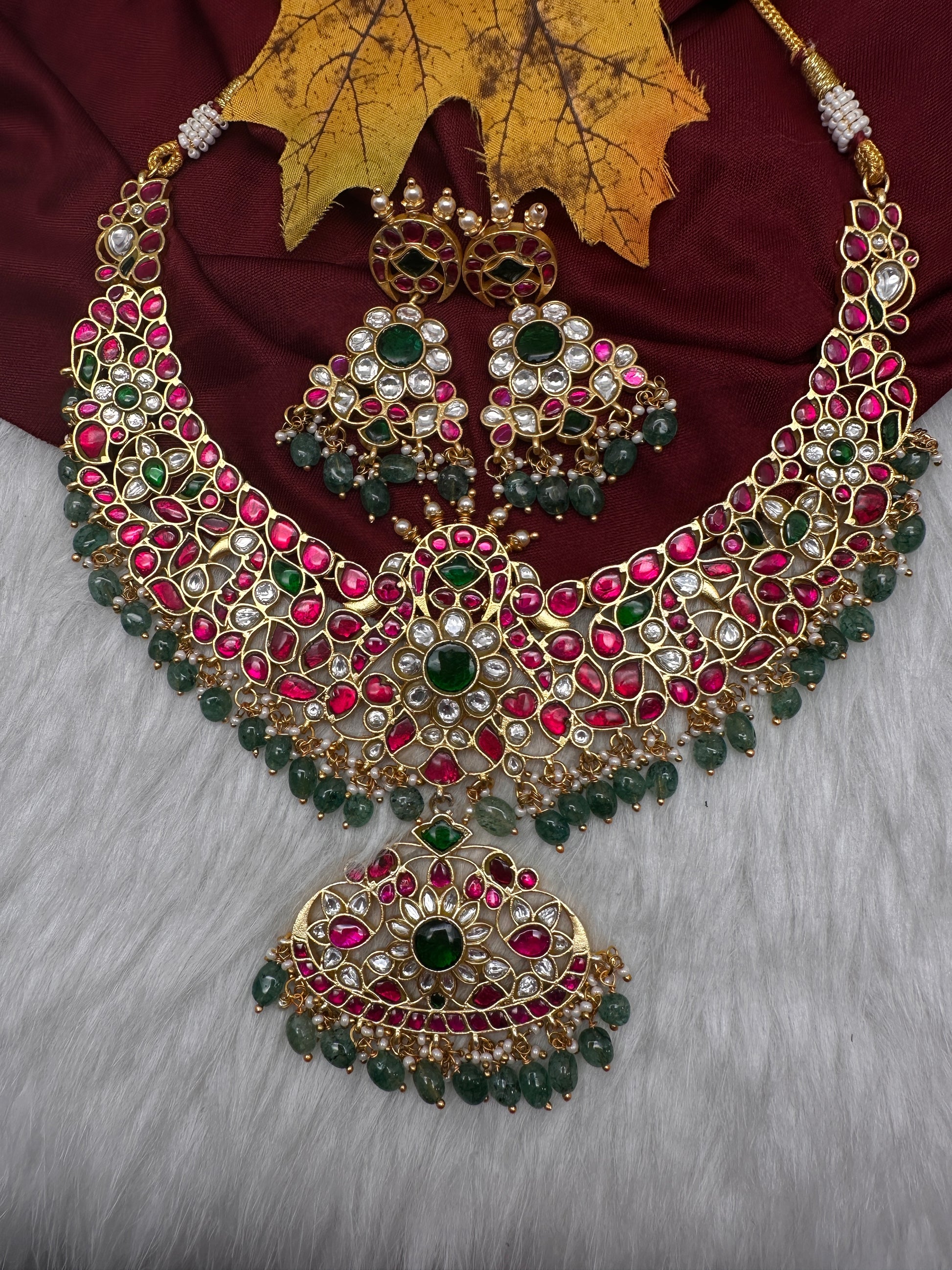 Jadau Kundan Neckline Necklace with Earrings - 