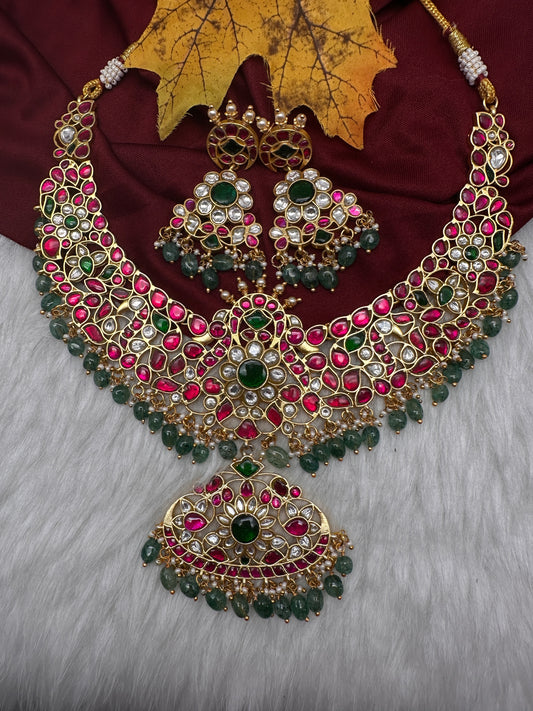 Jadau Kundan Neckline Necklace with Earrings - 