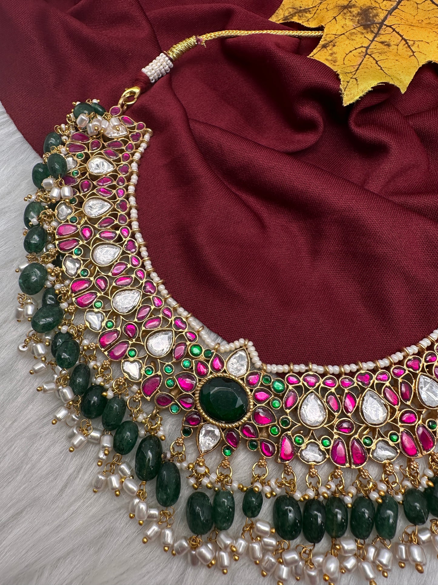 Jadau Kundan Neckline Necklace with Green Beads - 