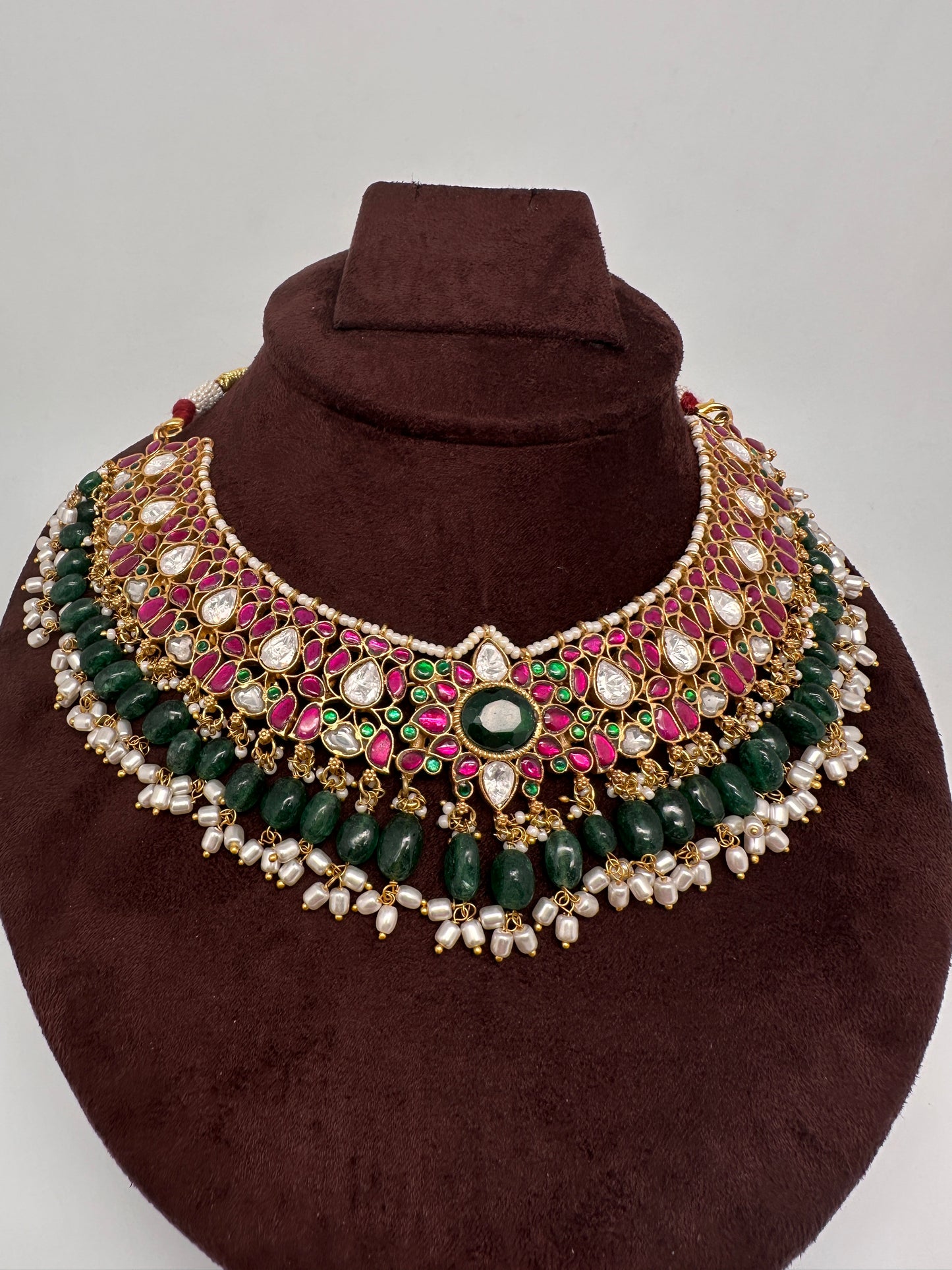 Jadau Kundan Neckline Necklace with Green Beads - 