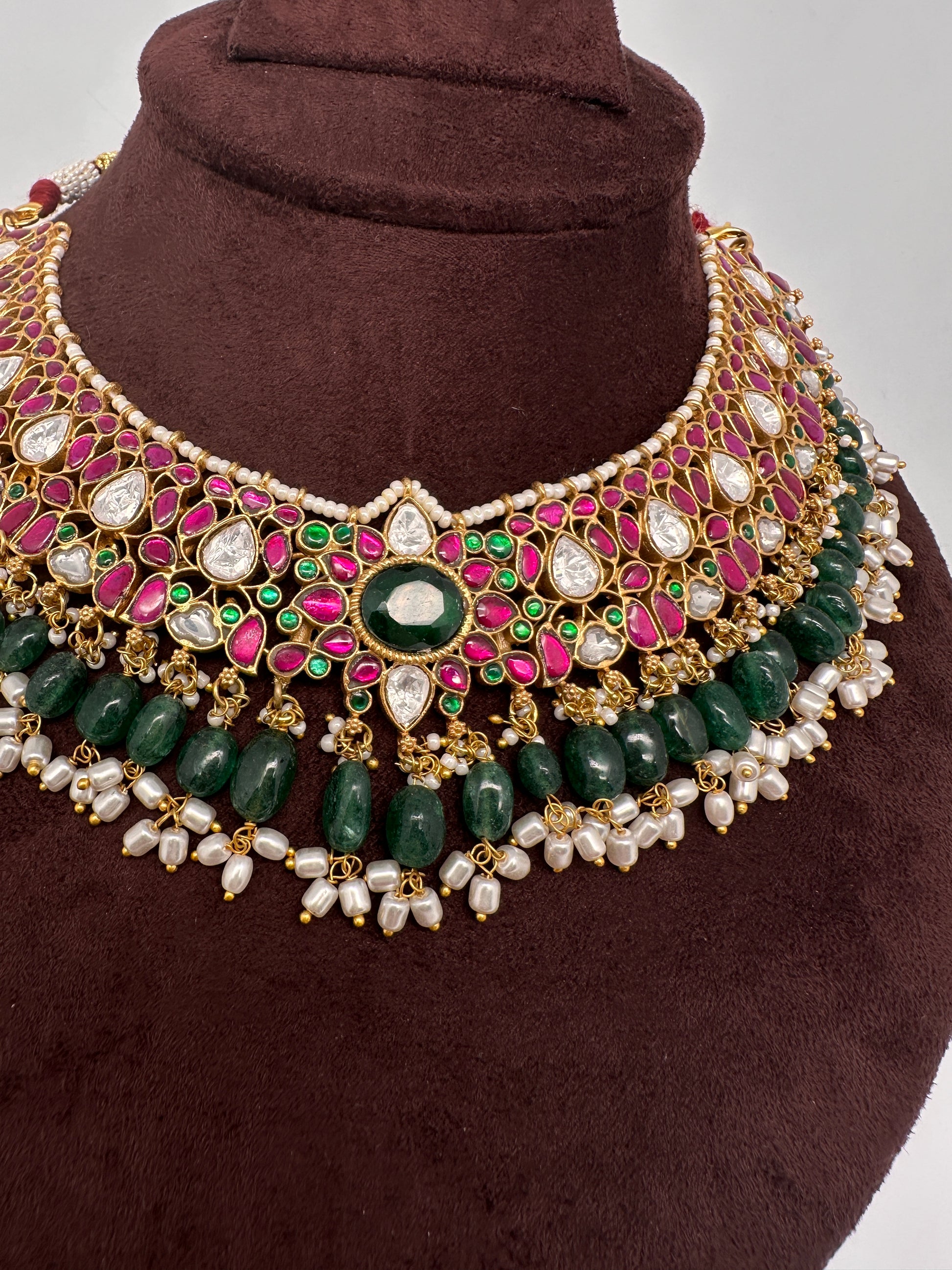 Jadau Kundan Neckline Necklace with Green Beads - 