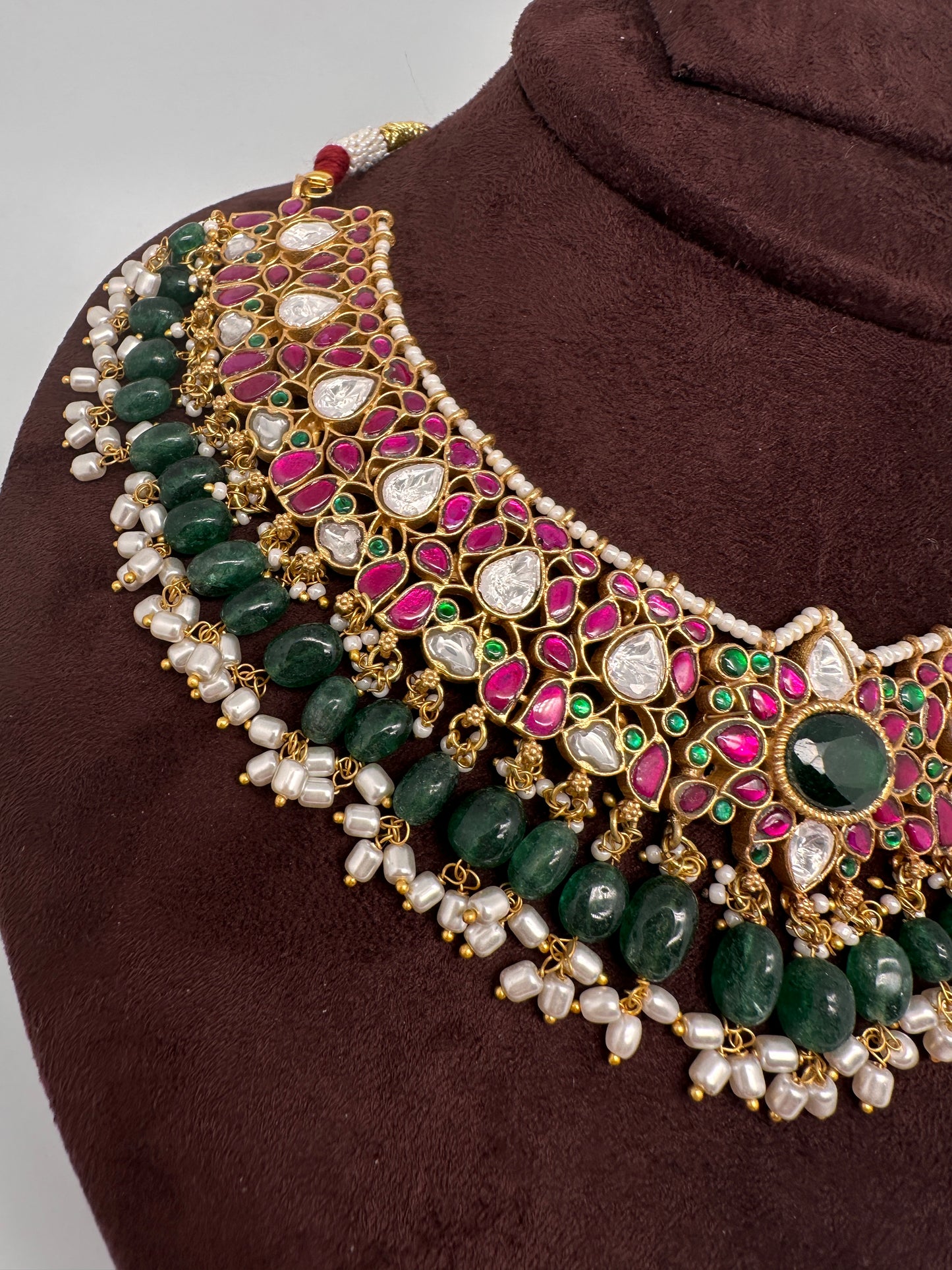 Jadau Kundan Neckline Necklace with Green Beads - 