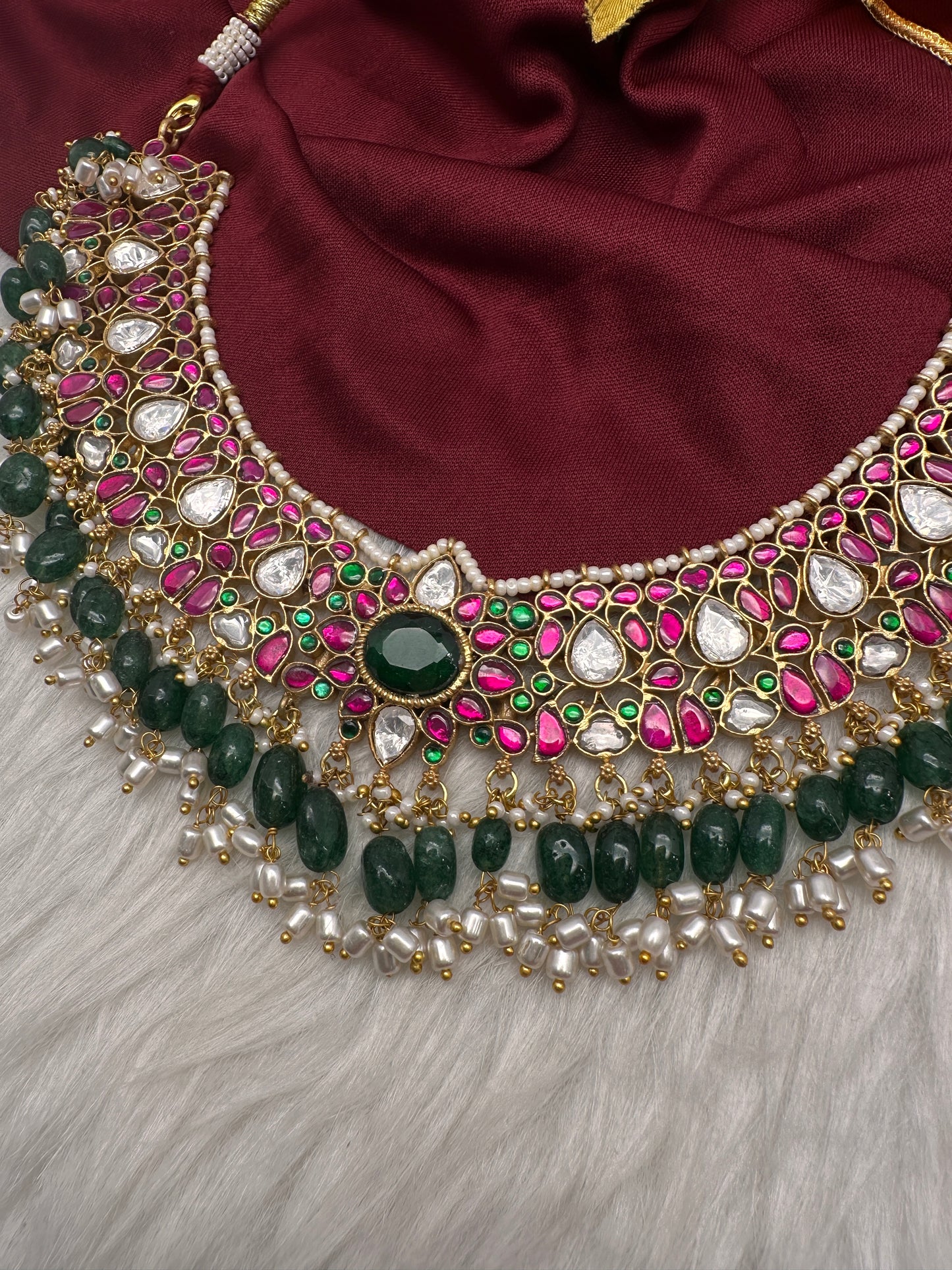 Jadau Kundan Neckline Necklace with Green Beads - 