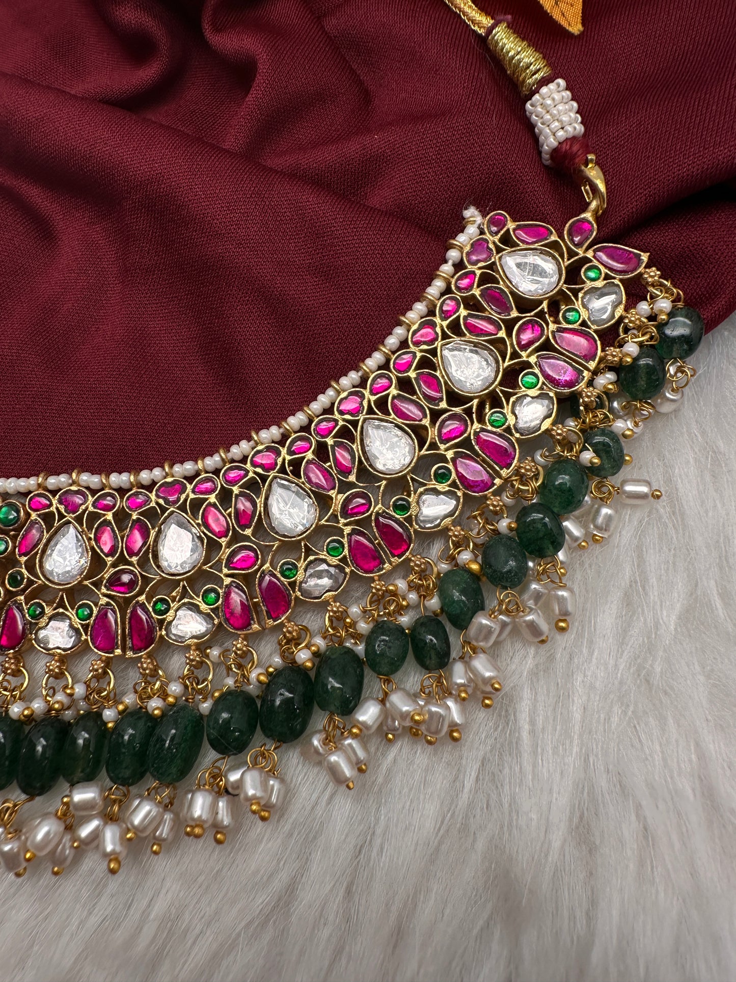 Jadau Kundan Neckline Necklace with Green Beads - 