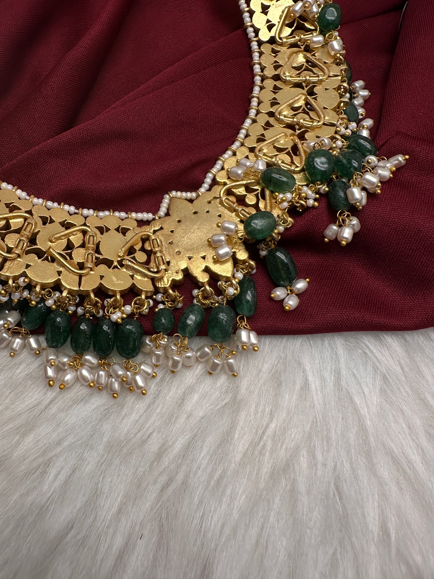 Jadau Kundan Neckline Necklace with Green Beads - 