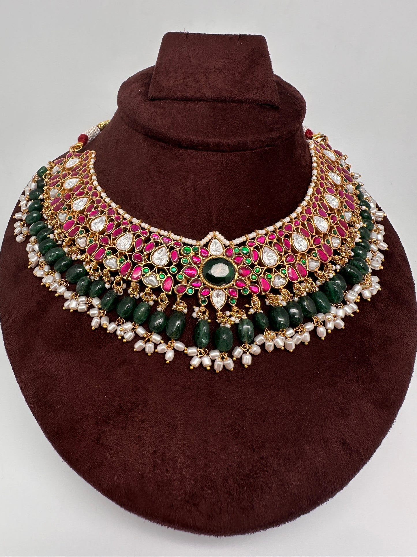 Jadau Kundan Neckline Necklace with Green Beads - 