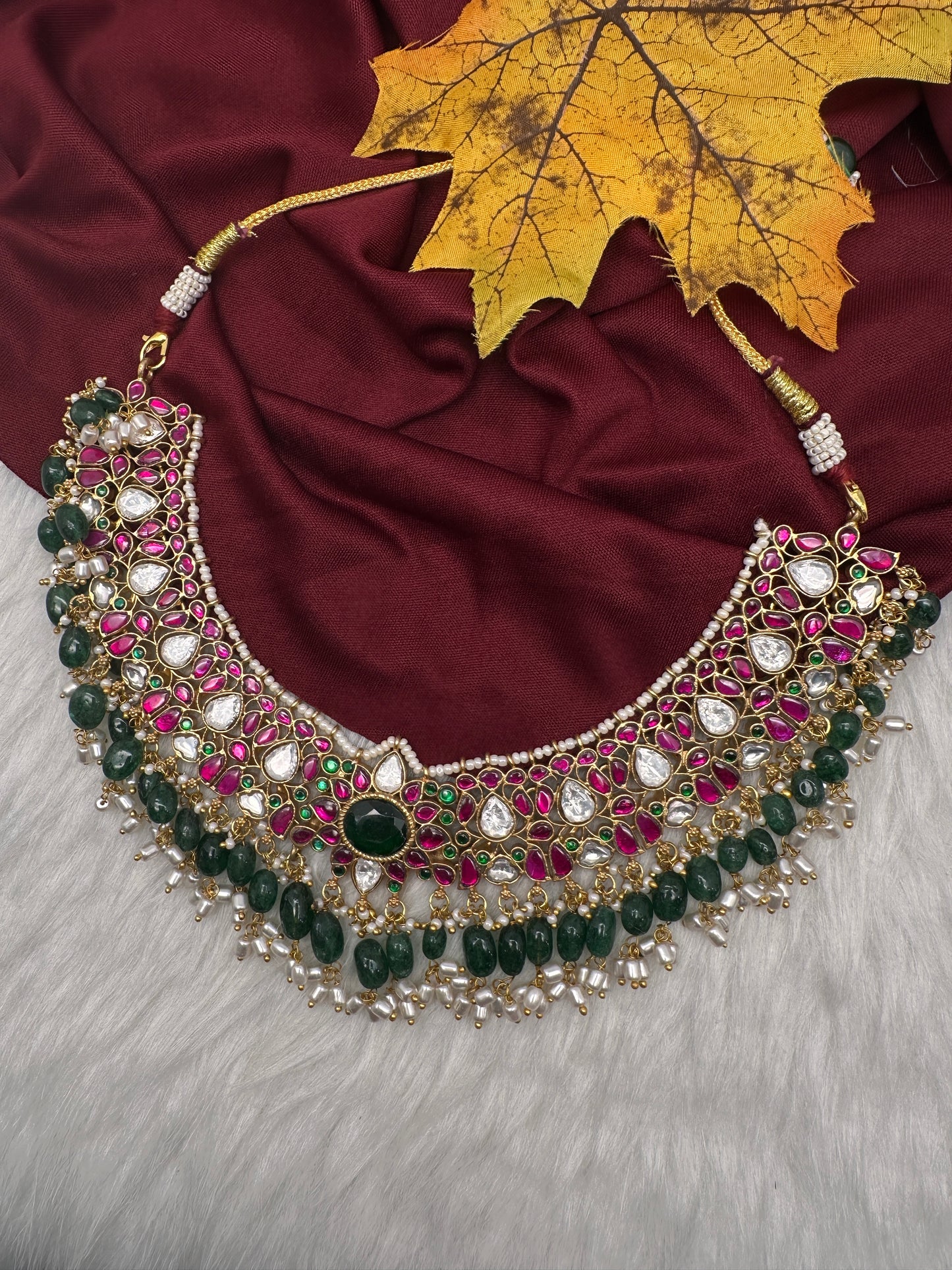 Jadau Kundan Neckline Necklace with Green Beads - 