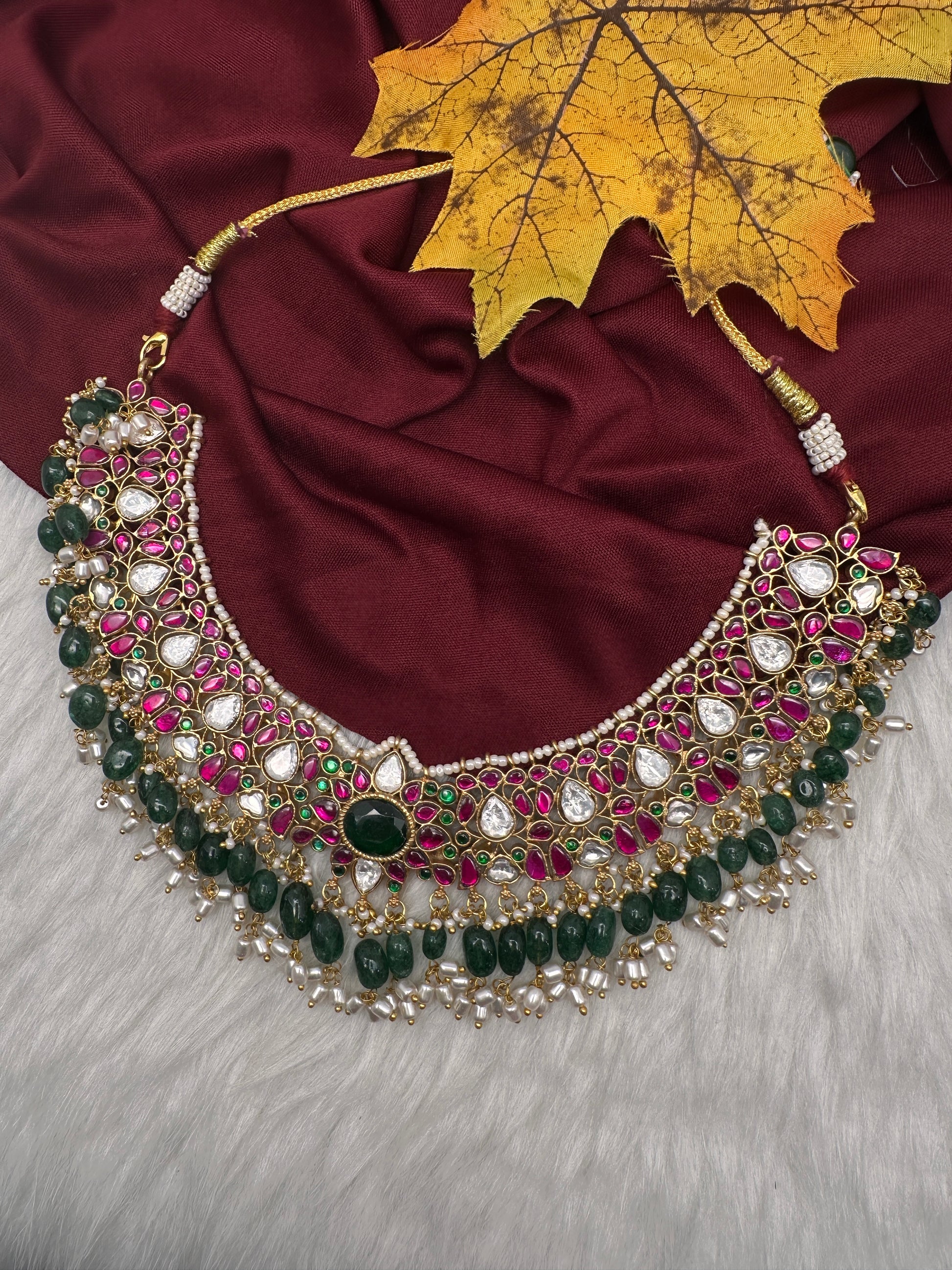 Jadau Kundan Neckline Necklace with Green Beads - 