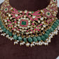 Jadau Kundan Neckline Necklace with Green Emerald Beads - 