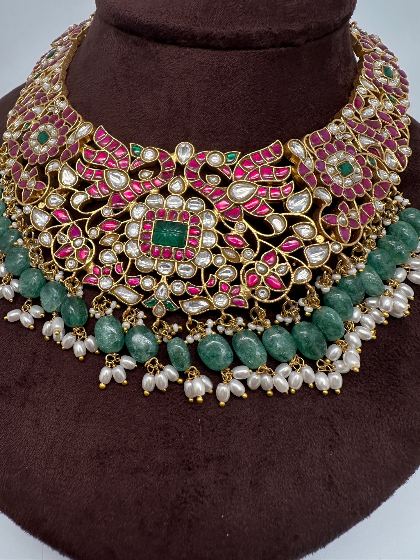 Jadau Kundan Neckline Necklace with Green Emerald Beads - 