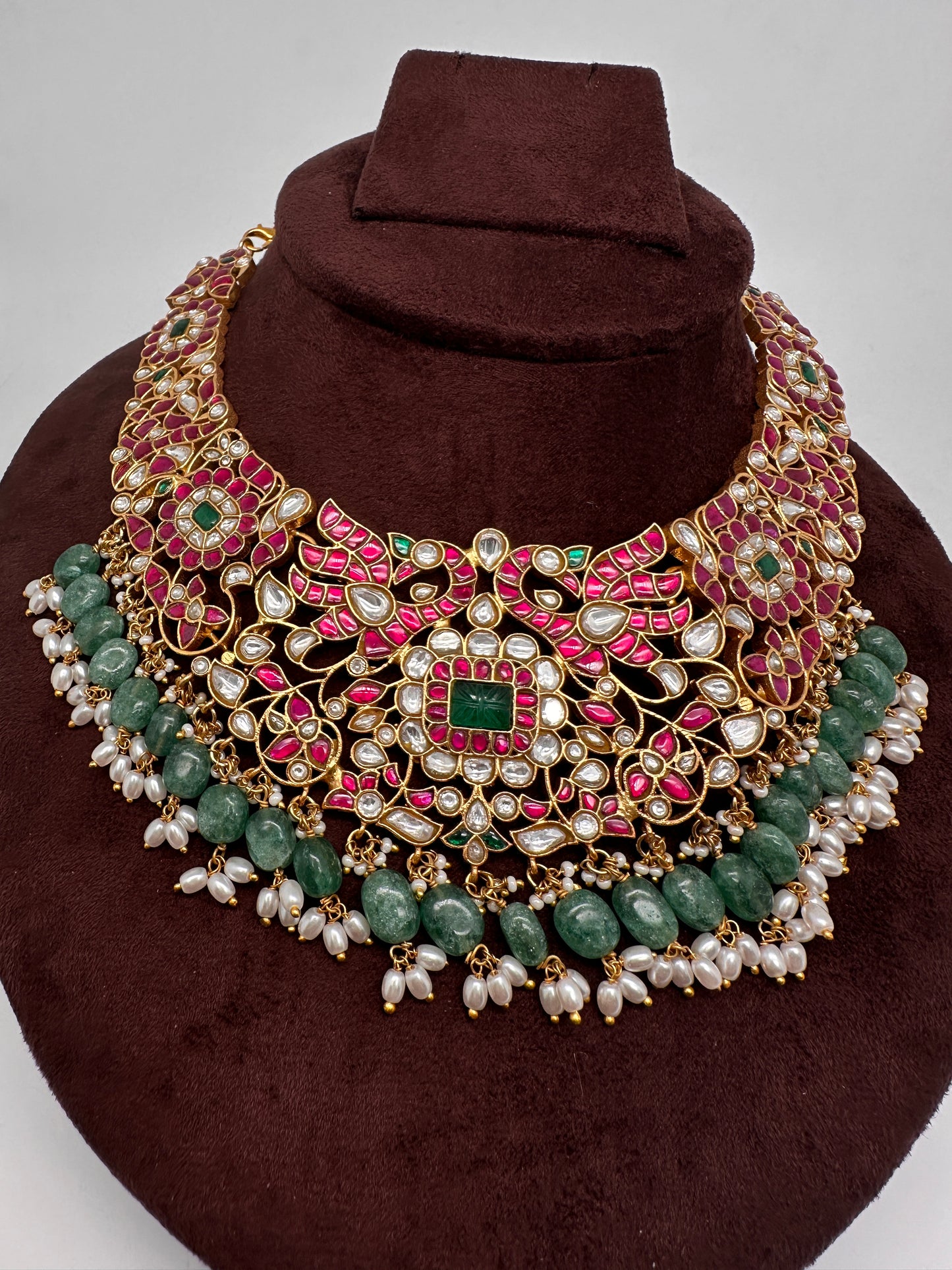 Jadau Kundan Neckline Necklace with Green Emerald Beads - 