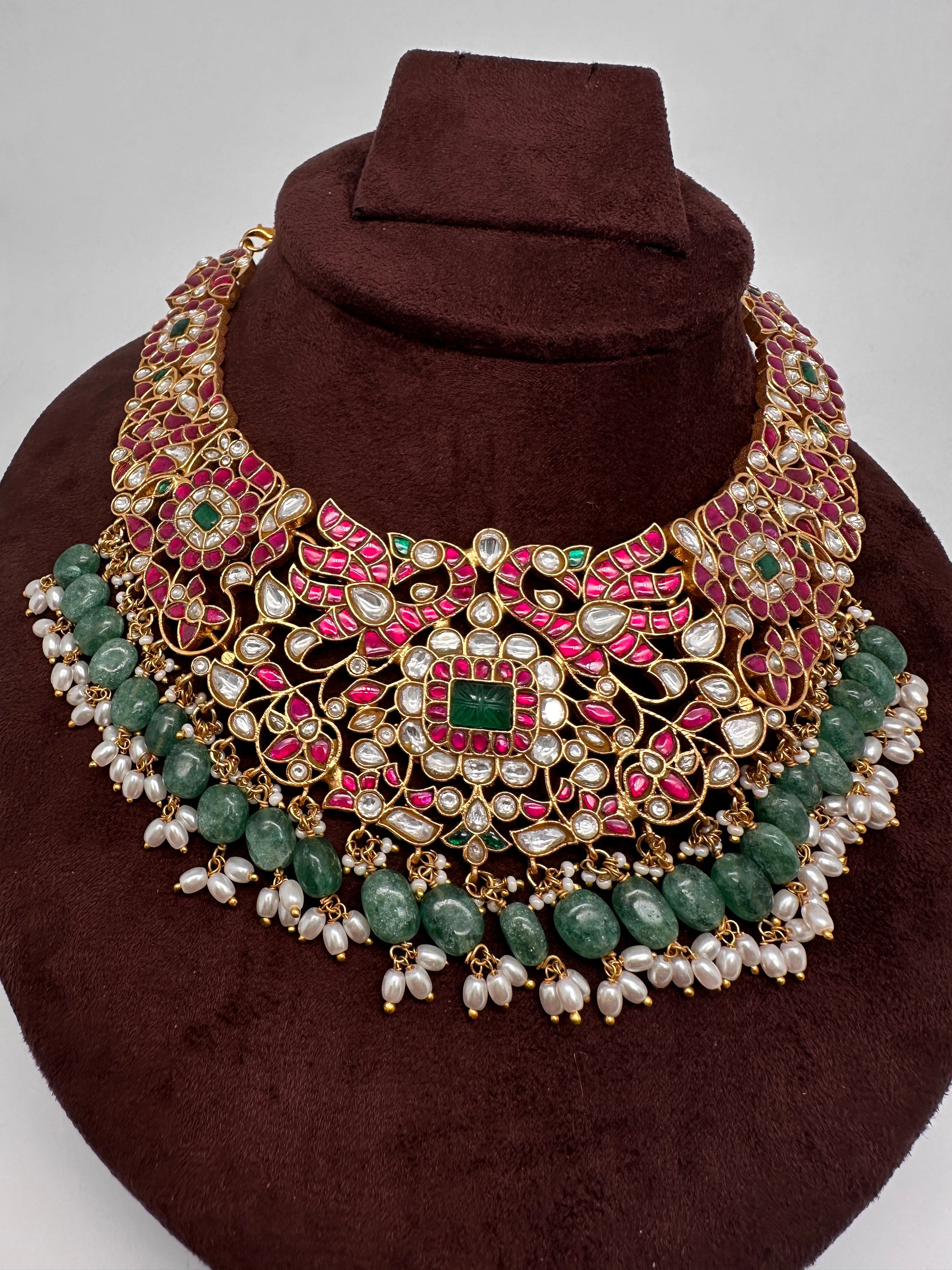 Jadau Kundan Neckline Necklace with Green Emerald Beads - 