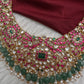 Jadau Kundan Neckline Necklace with Green Emerald Beads - 