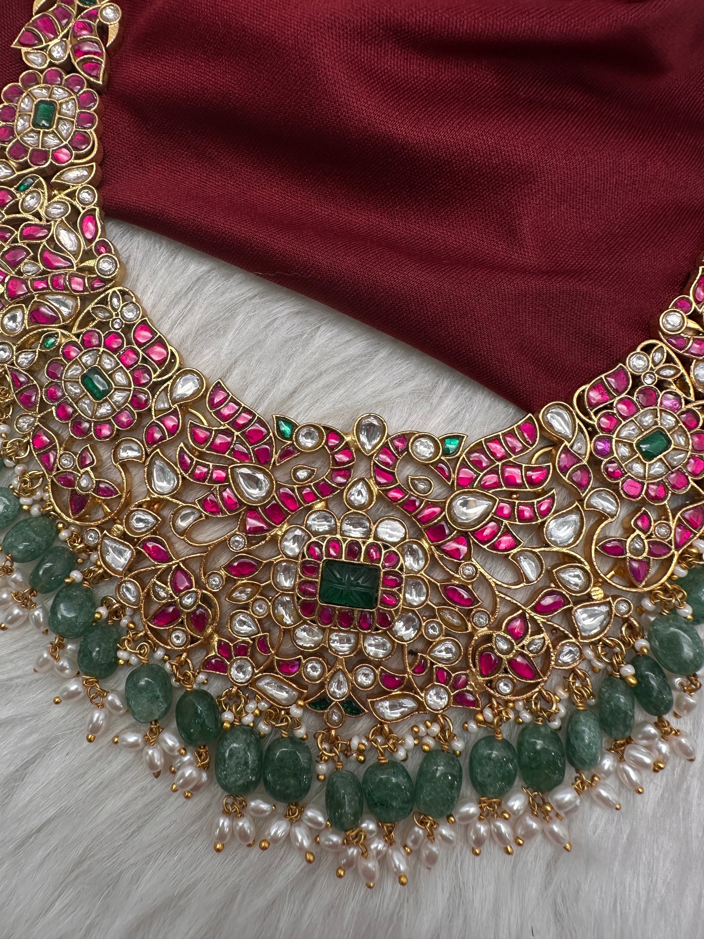 Jadau Kundan Neckline Necklace with Green Emerald Beads - 