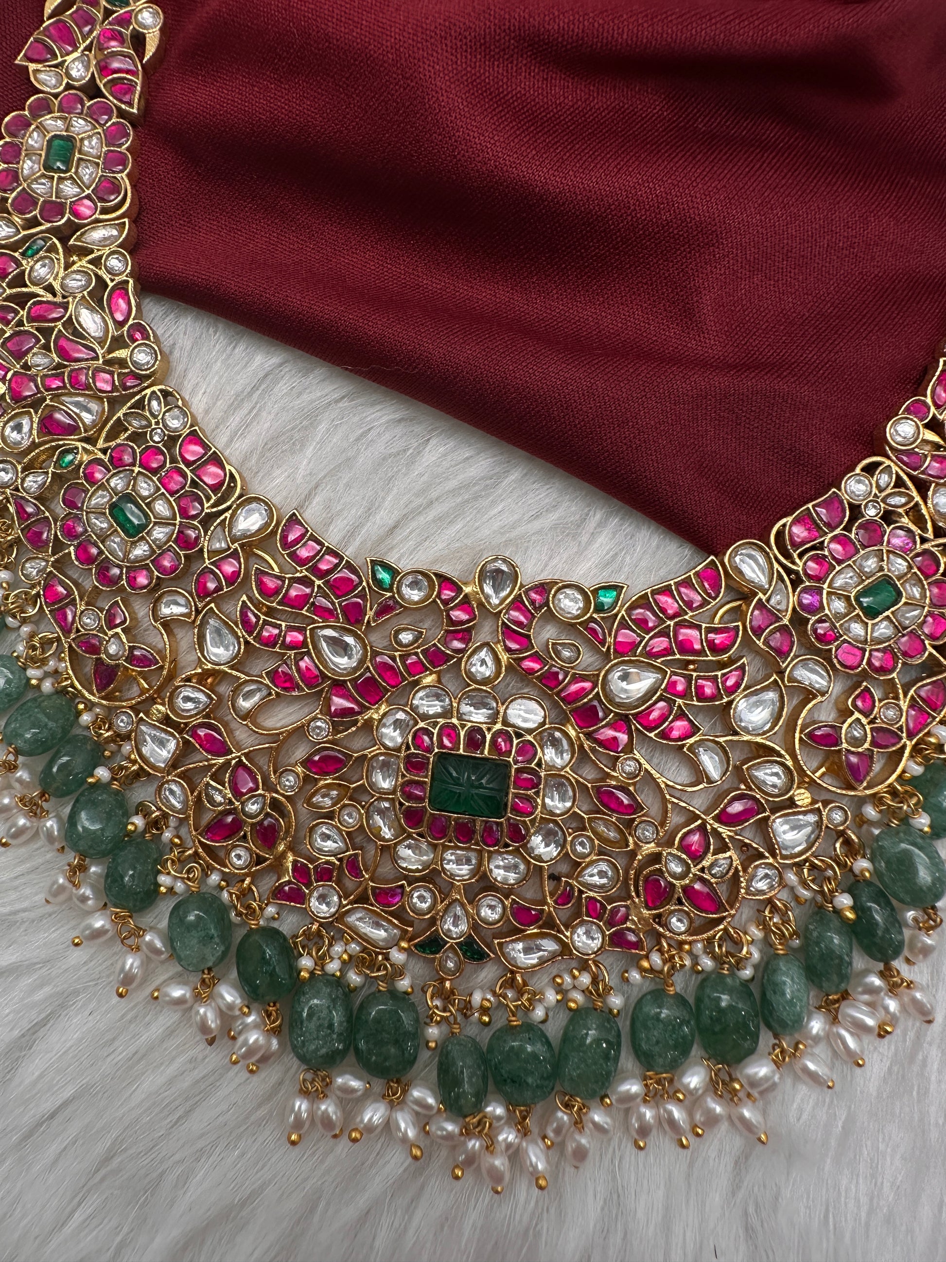 Jadau Kundan Neckline Necklace with Green Emerald Beads - 