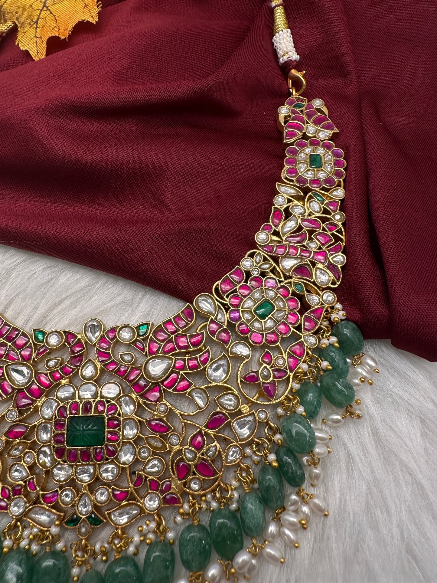 Jadau Kundan Neckline Necklace with Green Emerald Beads - 