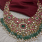 Jadau Kundan Neckline Necklace with Green Emerald Beads - 