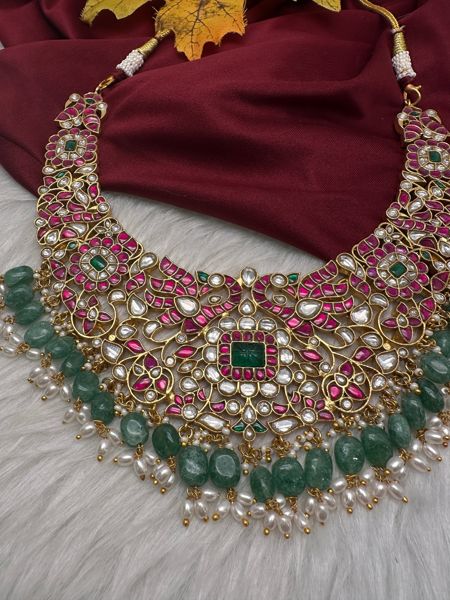 Jadau Kundan Neckline Necklace with Green Emerald Beads - 