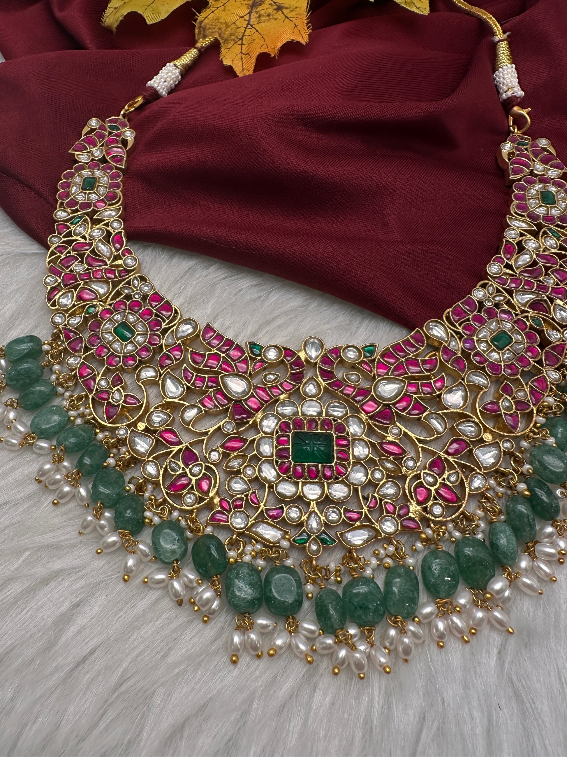 Jadau Kundan Neckline Necklace with Green Emerald Beads - 