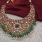 Jadau Kundan Neckline Necklace with Green Emerald Beads - 