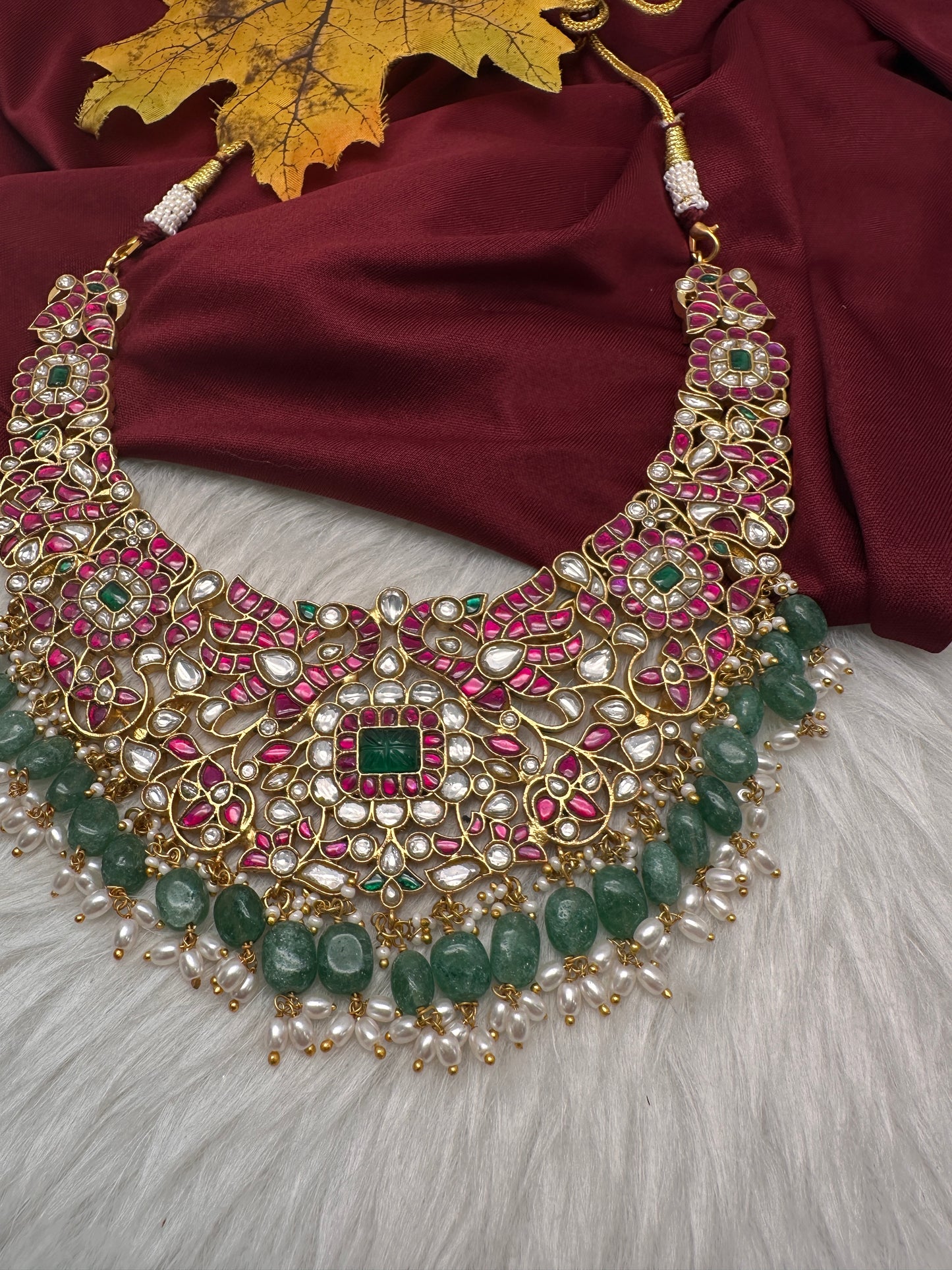 Jadau Kundan Neckline Necklace with Green Emerald Beads - 