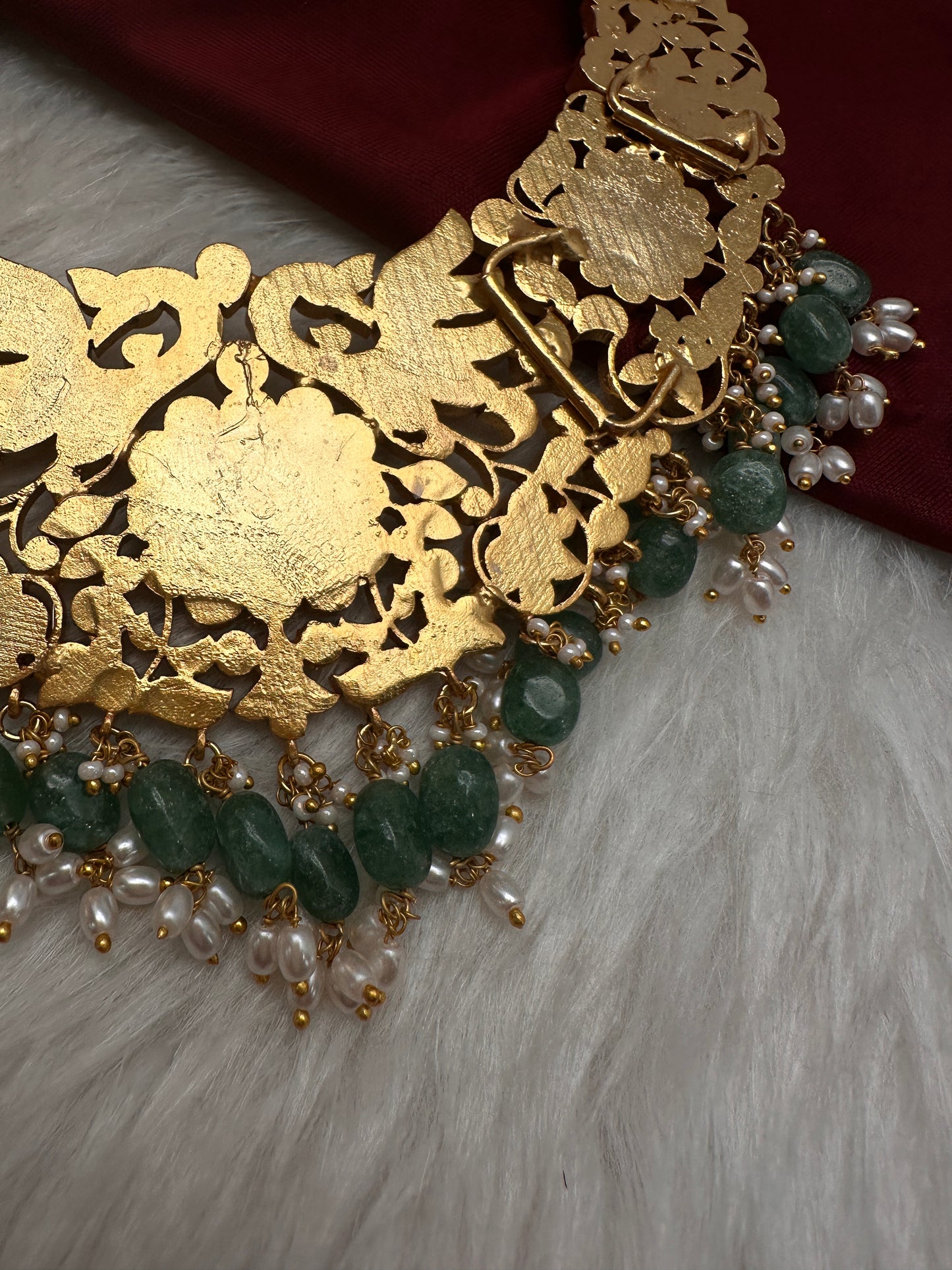 Jadau Kundan Neckline Necklace with Green Emerald Beads - 