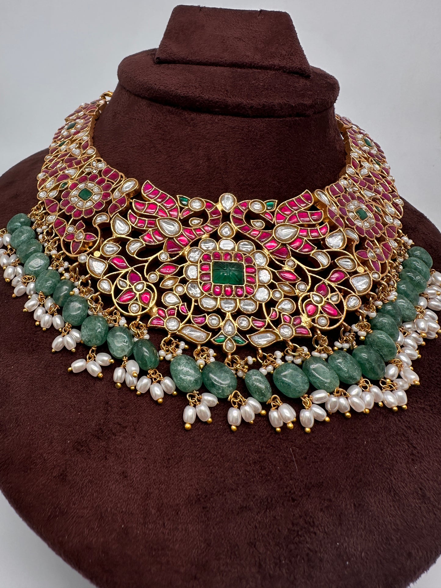 Jadau Kundan Neckline Necklace with Green Emerald Beads - 