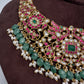 Jadau Kundan Neckline Necklace with Green Emerald Beads - 