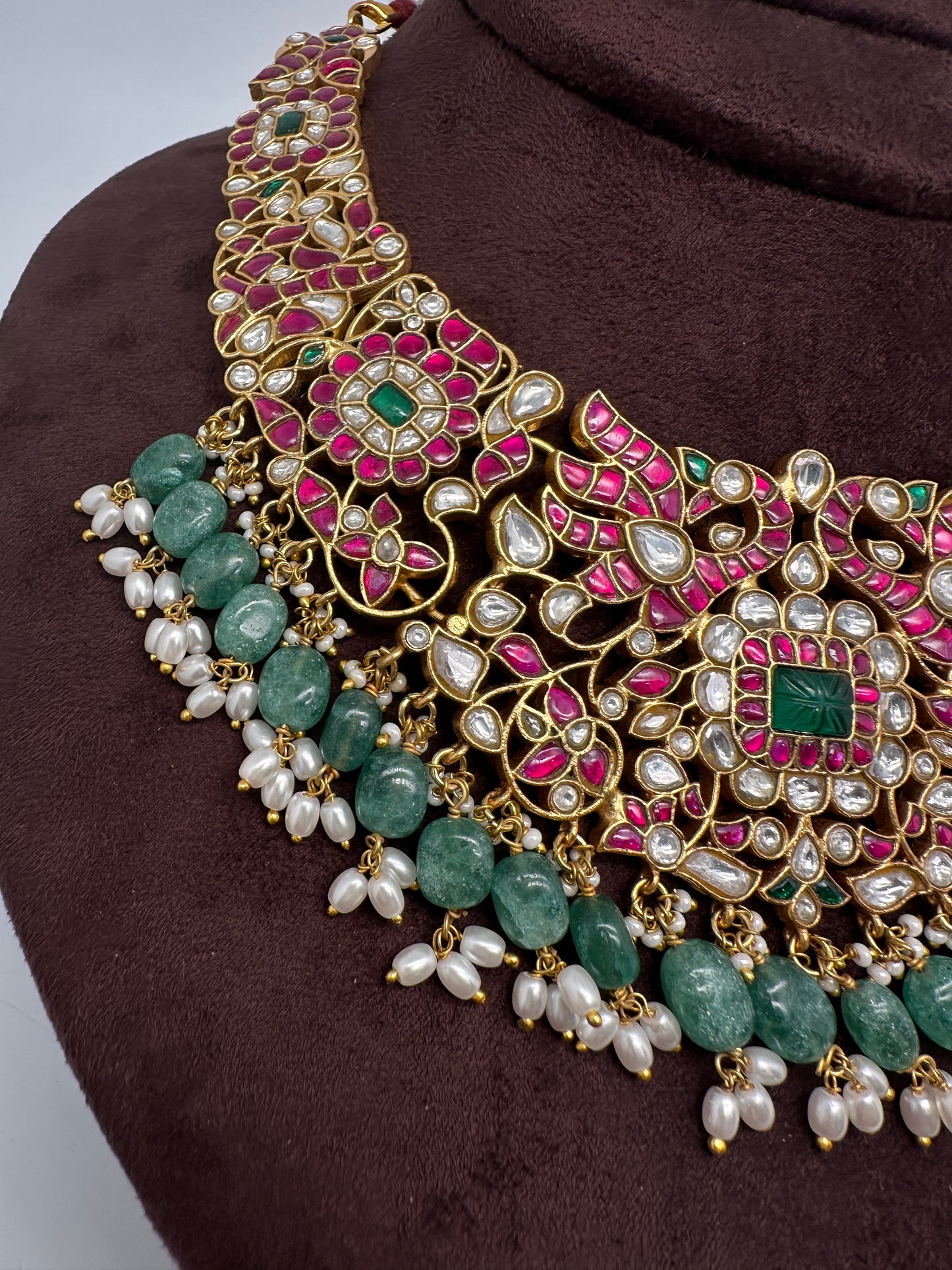 Jadau Kundan Neckline Necklace with Green Emerald Beads - 