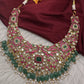 Jadau Kundan Neckline Necklace with Green Emerald Beads - 