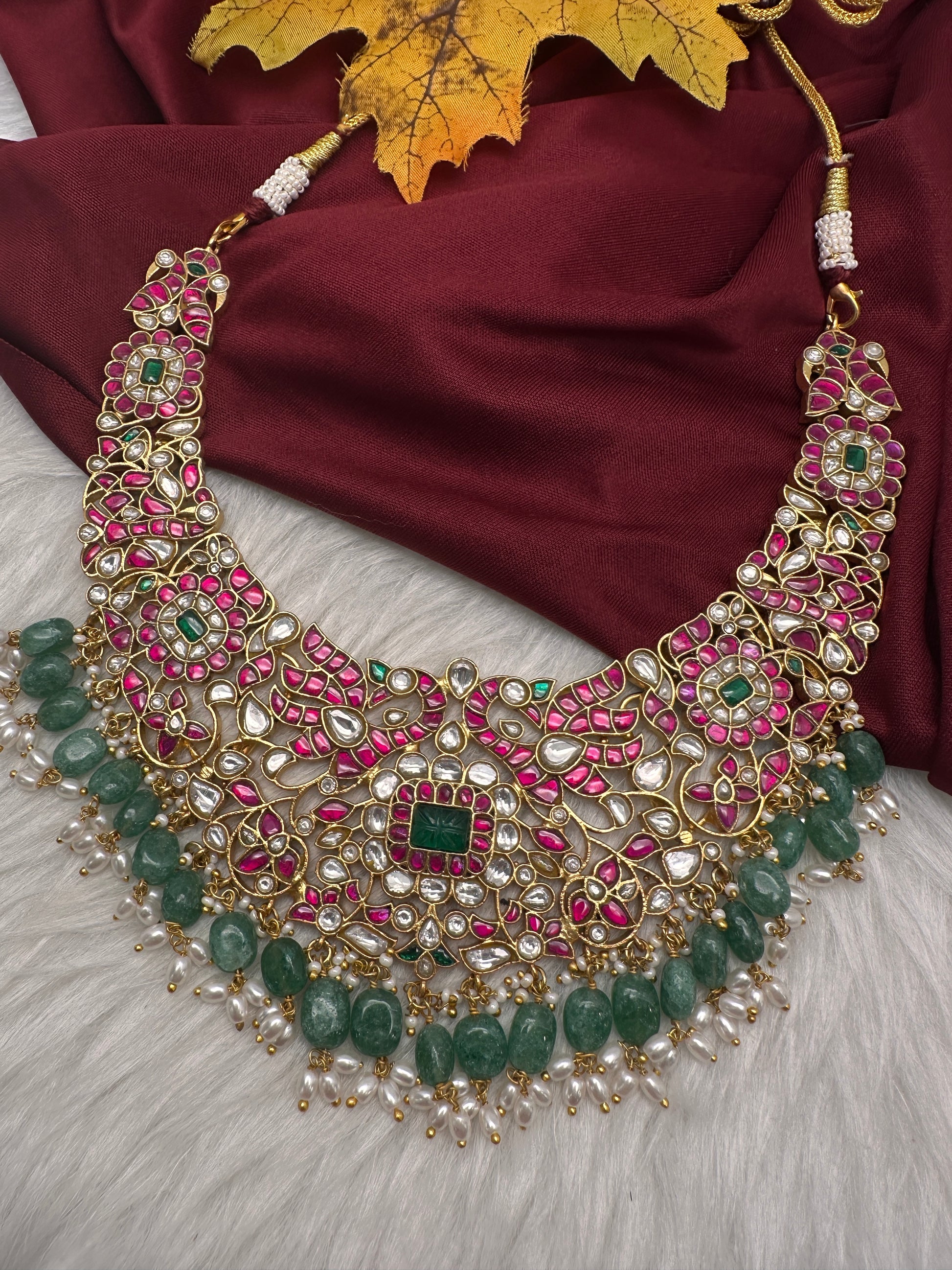 Jadau Kundan Neckline Necklace with Green Emerald Beads - 