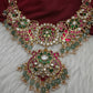 Jadau Kundan Short Necklace with Green Emerald Beads - 