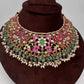 Jadau Kundan Neckline Necklace with Green Emerald Beads - 
