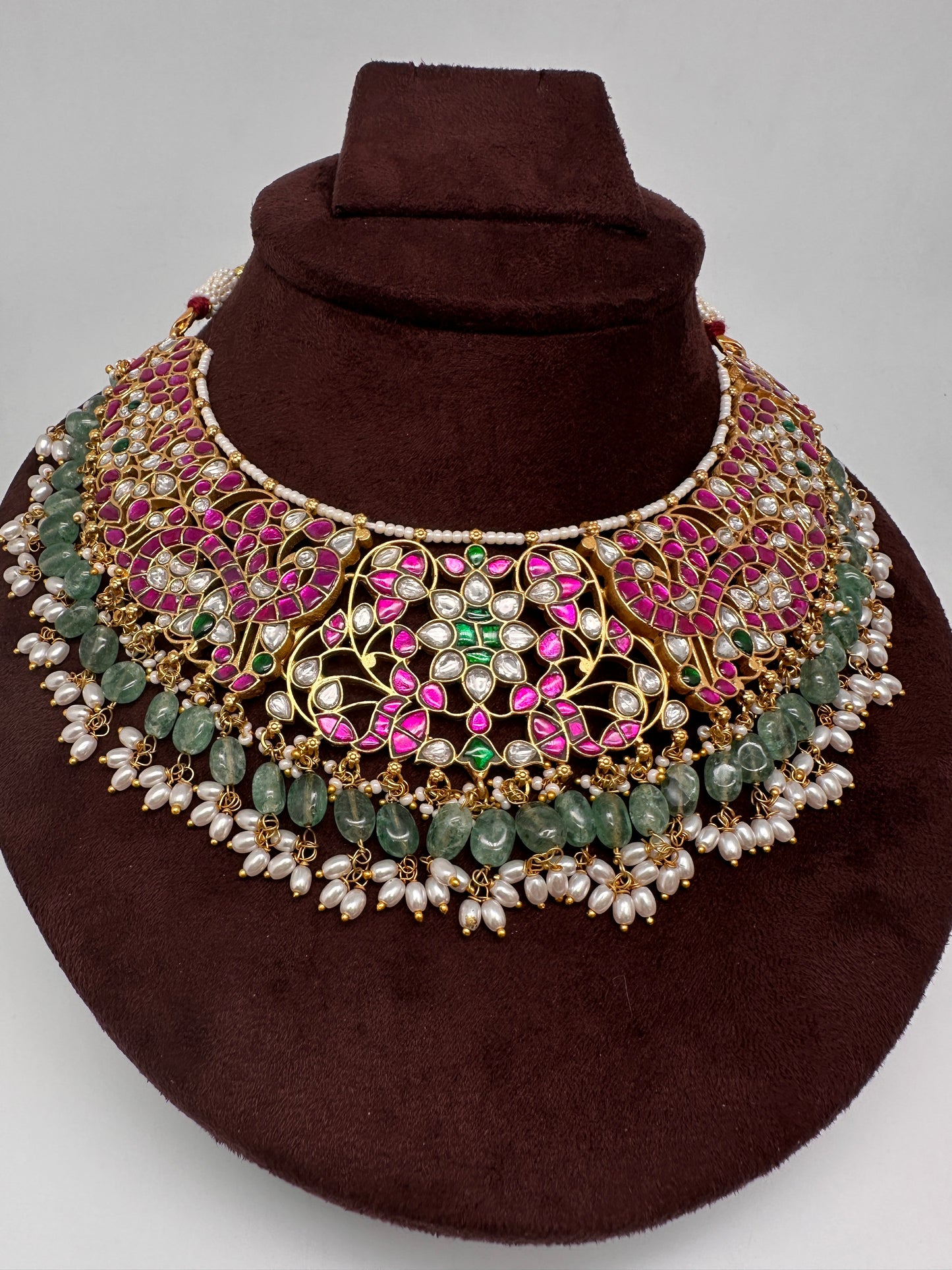 Jadau Kundan Neckline Necklace with Green Emerald Beads - 
