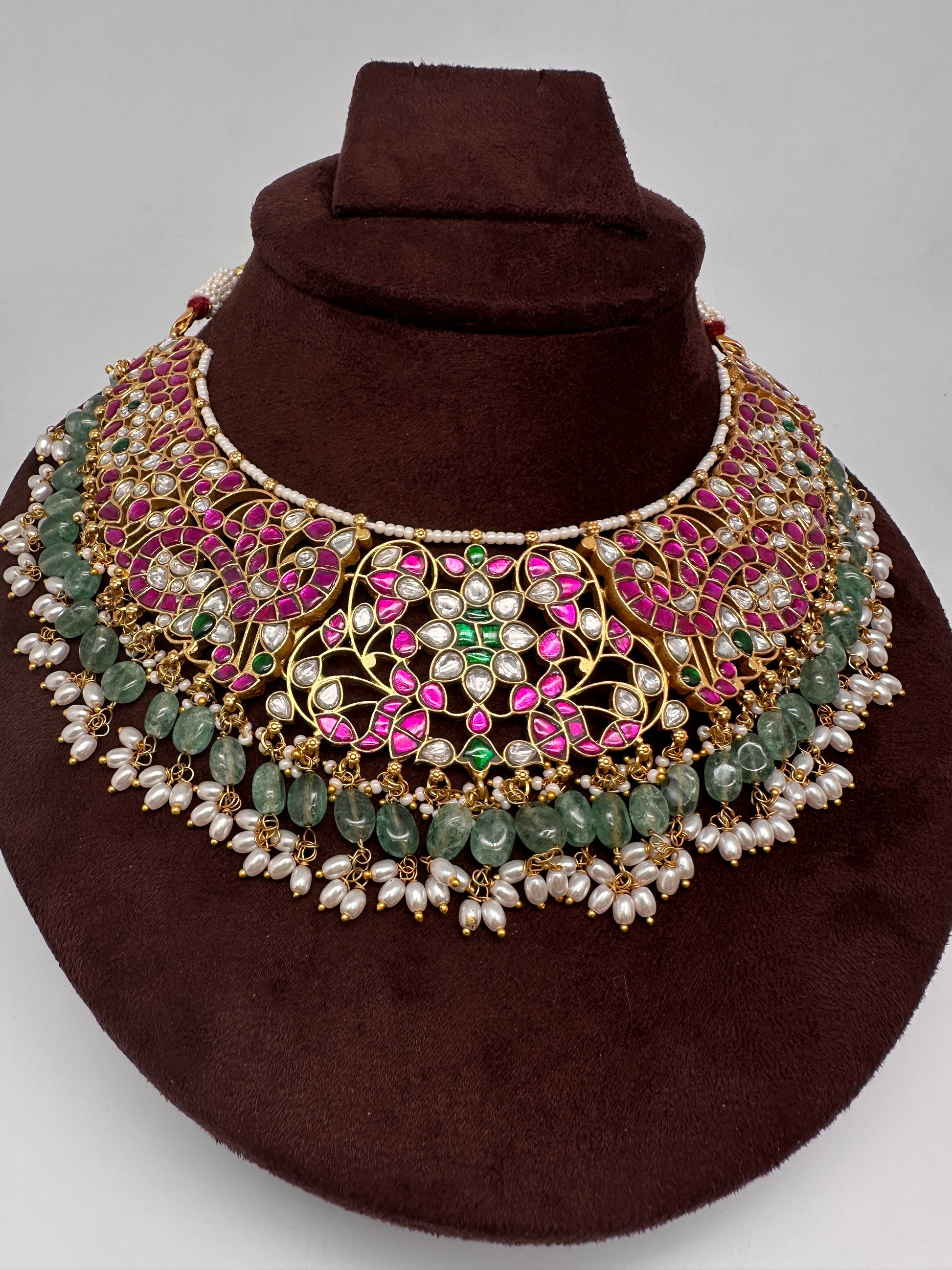 Jadau Kundan Neckline Necklace with Green Emerald Beads - 