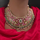 Jadau Kundan Neckline Necklace with Green Emerald Beads - 